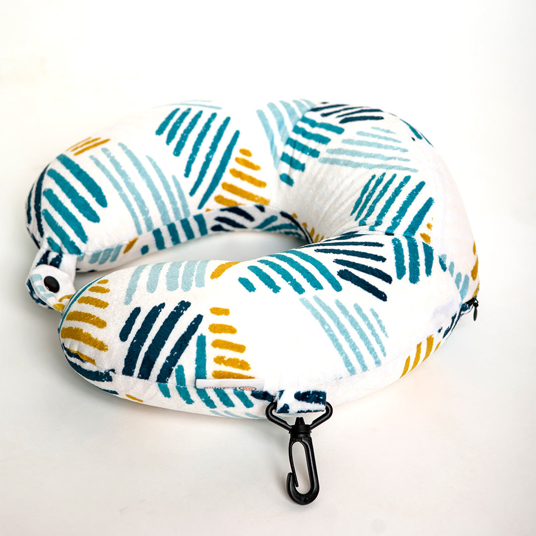 Destinio Neck Pillow - White Lines | Premium Memory Foam, Ergonomic Design, Includes Eye Mask