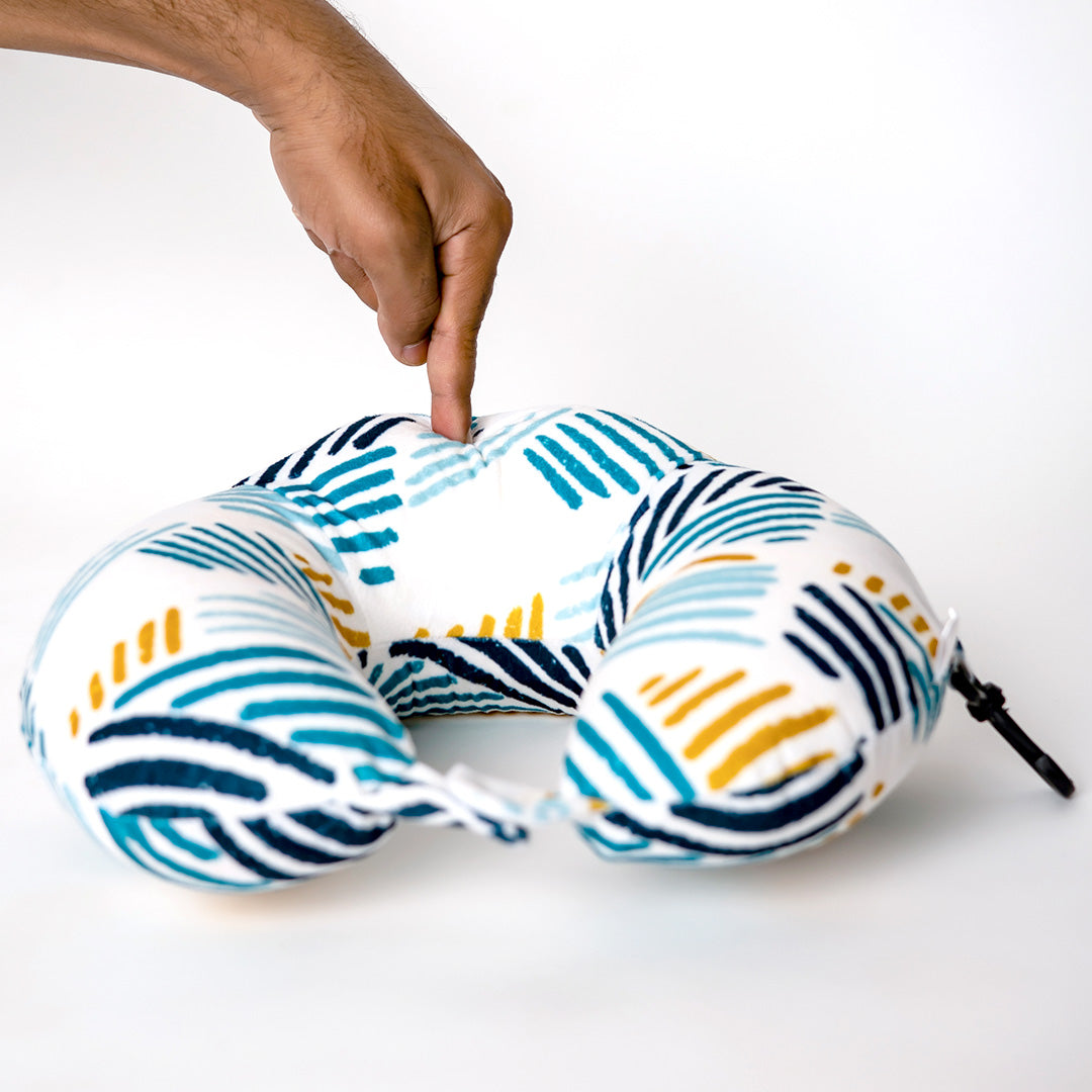 Destinio Neck Pillow - White Lines | Premium Memory Foam, Ergonomic Design, Includes Eye Mask