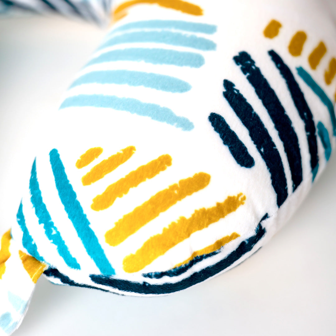 Destinio Neck Pillow - White Lines | Premium Memory Foam, Ergonomic Design, Includes Eye Mask
