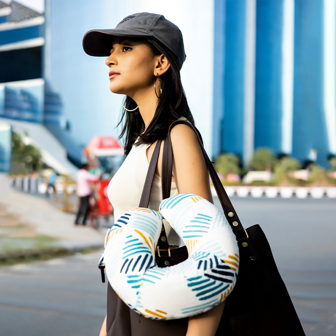 Destinio Neck Pillow - White Lines | Premium Memory Foam, Ergonomic Design, Includes Eye Mask