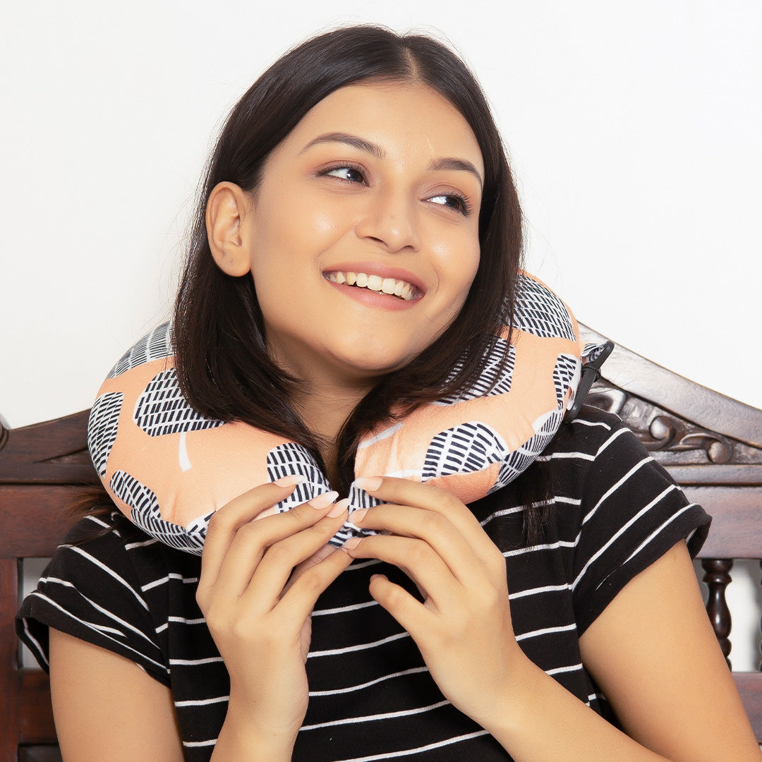 Destinio Microfibre Travel Pillow - Orange Candy | Ergonomic Design, Velvet Soft Fabric, Lightweight with Snap Button