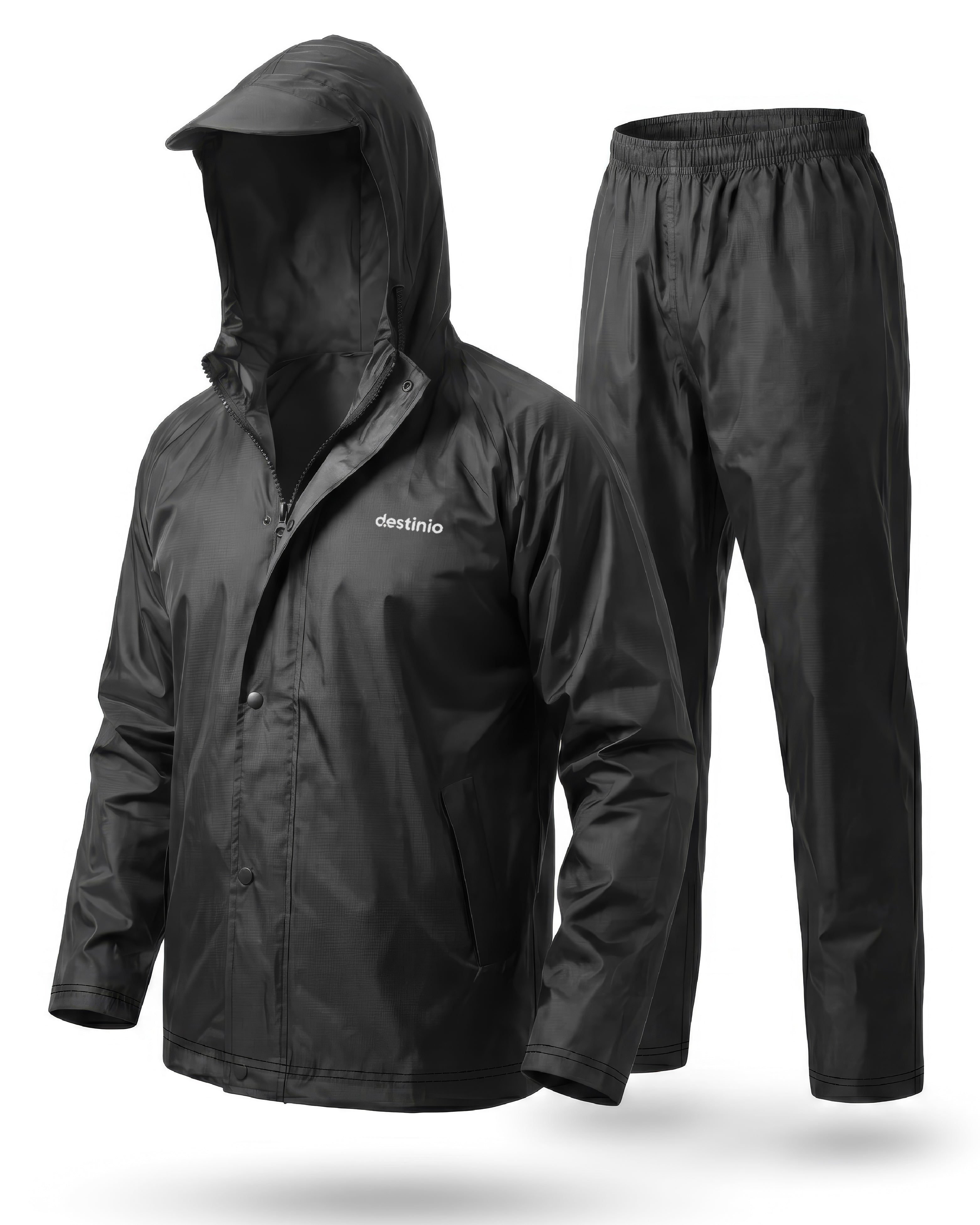 Destinio Rain Suit for Men & Women Waterproof Jacket & Trouser Set, Polyester Raincoat with Hood, Double Flap Zip, Lightweight Durable Rainwear for Bike Riding, Travel & Outdoor Use