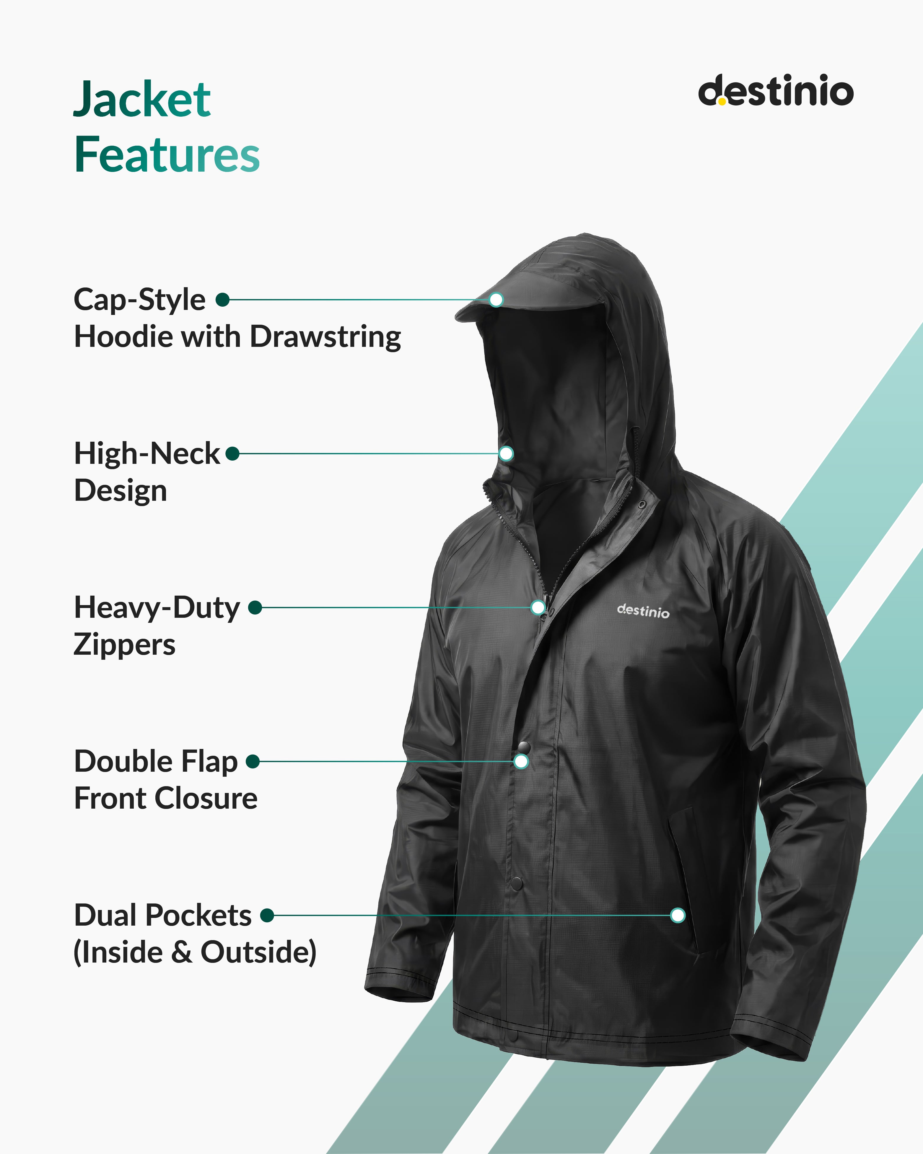 Destinio Rain Suit for Men & Women Waterproof Jacket & Trouser Set, Polyester Raincoat with Hood, Double Flap Zip, Lightweight Durable Rainwear for Bike Riding, Travel & Outdoor Use