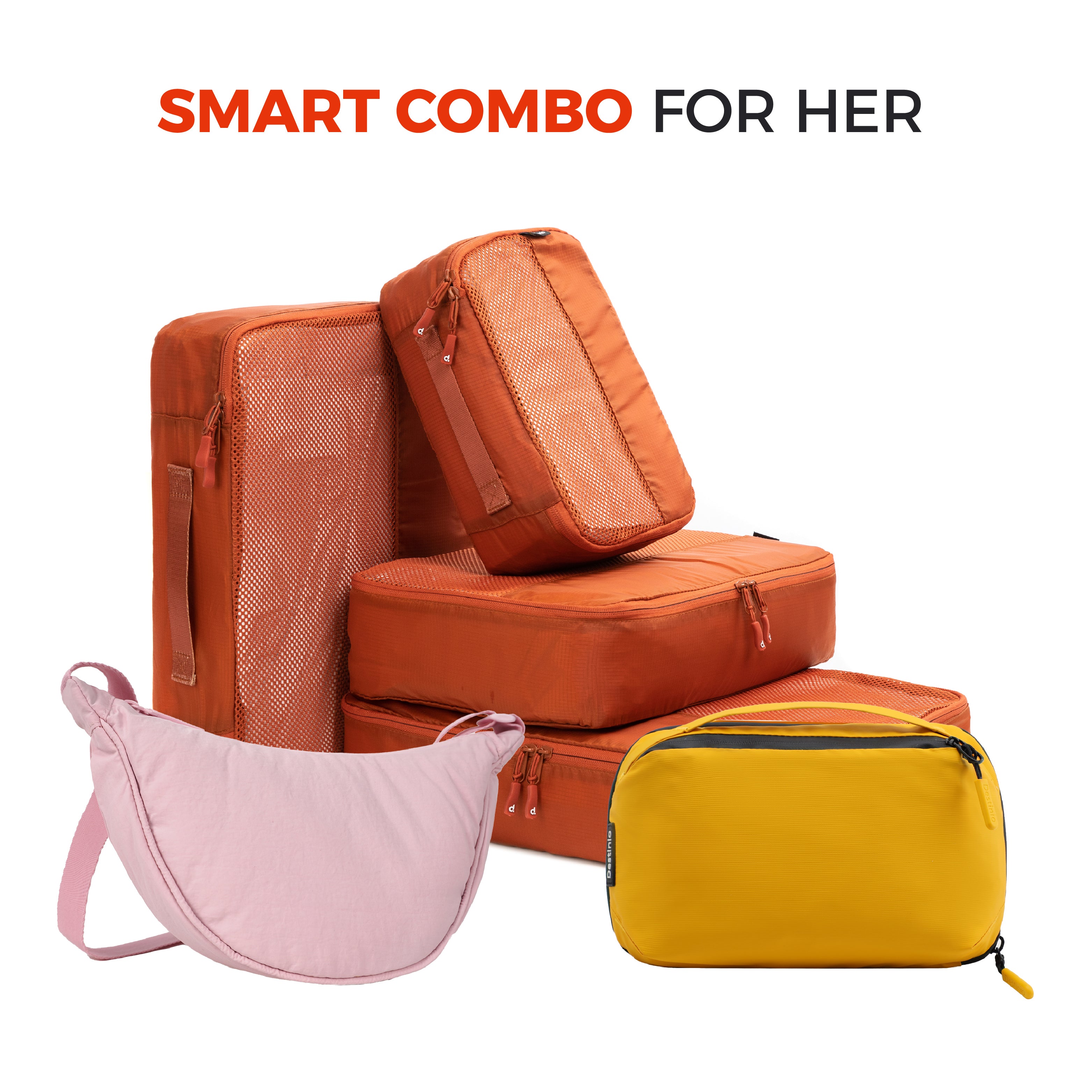 Smart Travel Combo for Her- Packing cubes set of 6, toiletry bag & half moon sling bag