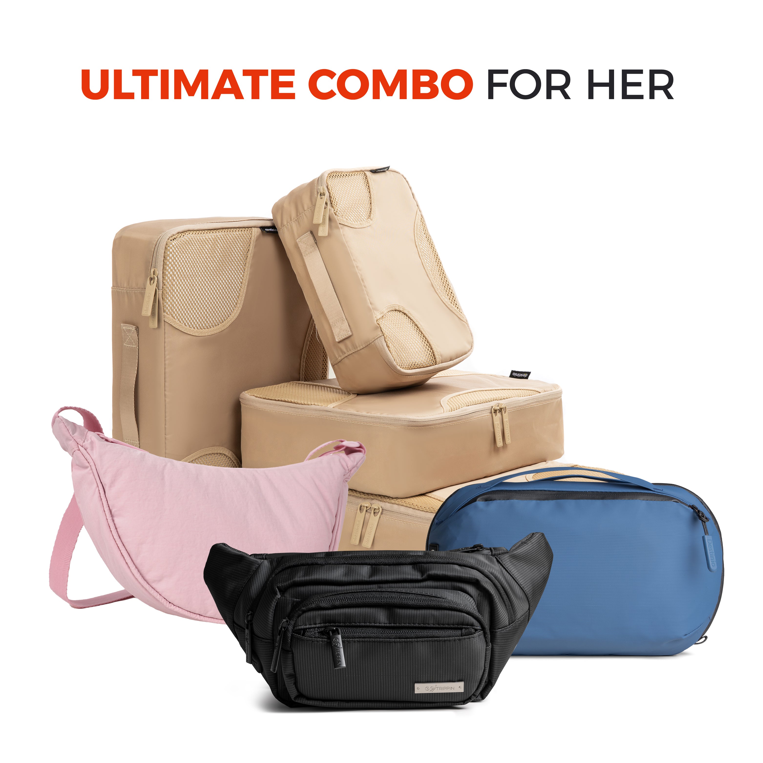 Ultimate Travel Combo for Her- Packing cubes set of 6, toiletry bag, waist bag & half moon sling bag
