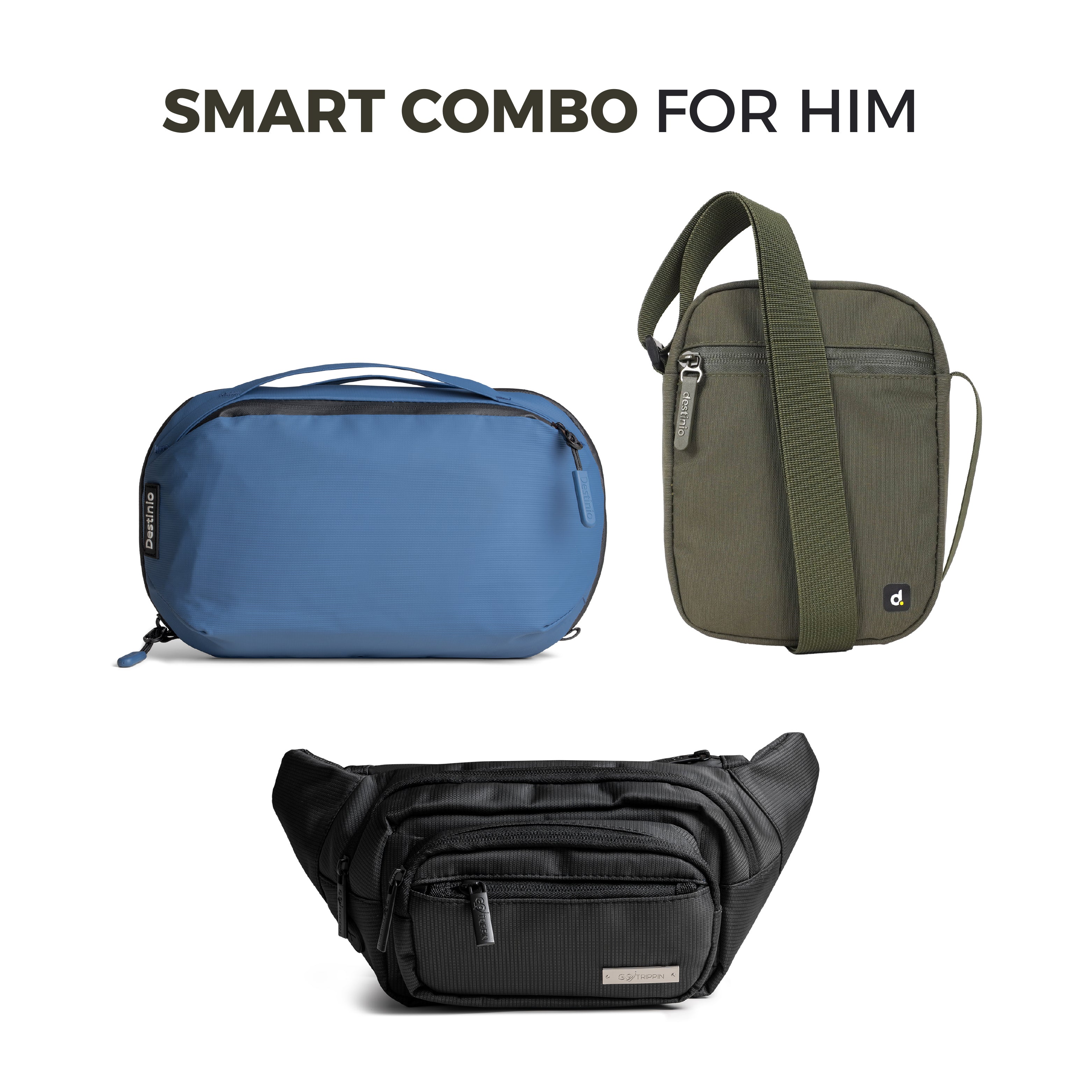 Smart Travel Combo for Him- Gadget organizer, waist bag & sling bag