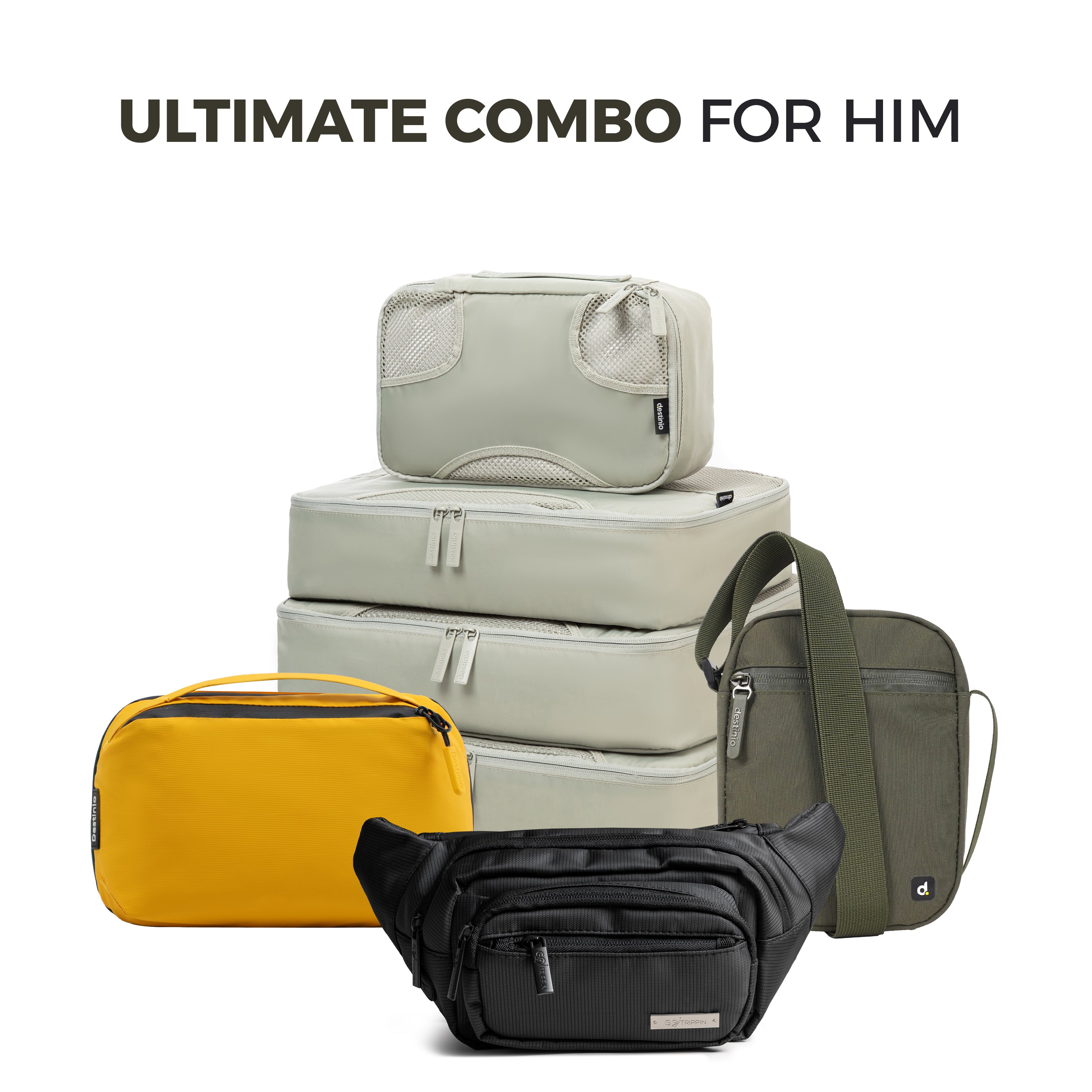 Ultimate Travel Combo for Him- Packing cubes set of 6, gadget organizer, waist bag & sling bag