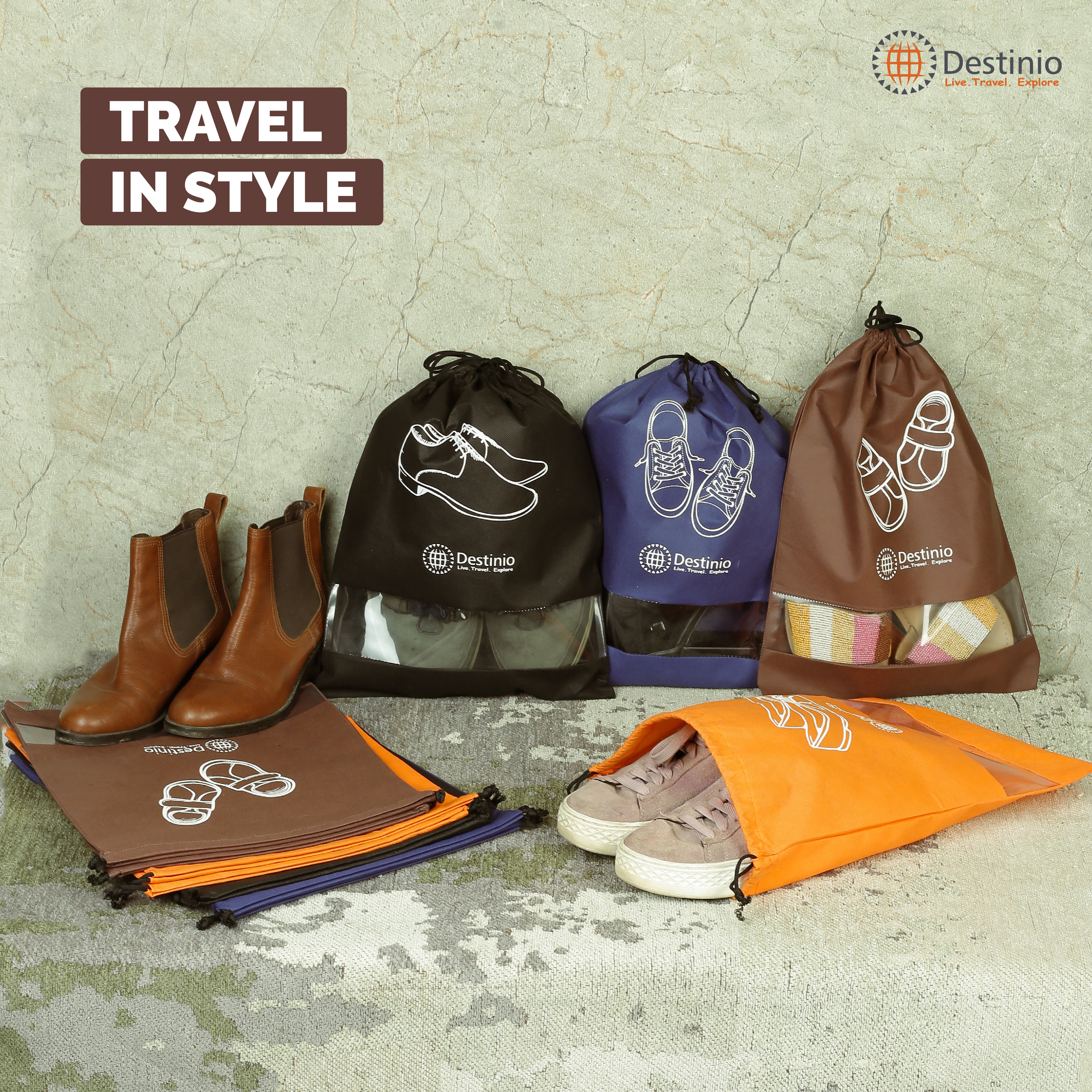 Destinio Shoe Bags Pouches Travel, 6 Pcs in 3 Colors and 3 Designs
