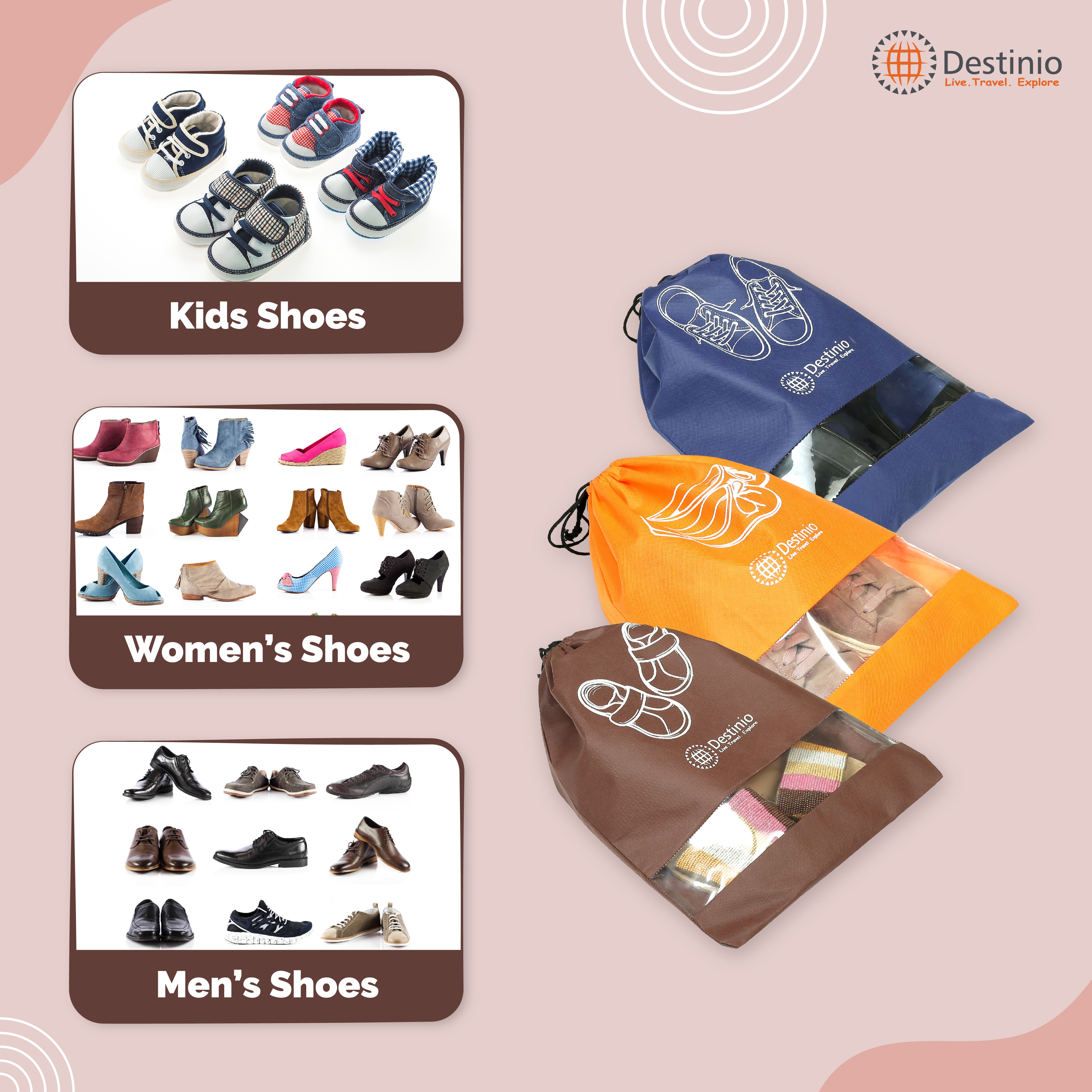 Destinio Shoe Bags Pouches Travel, 6 Pcs in 3 Colors and 3 Designs
