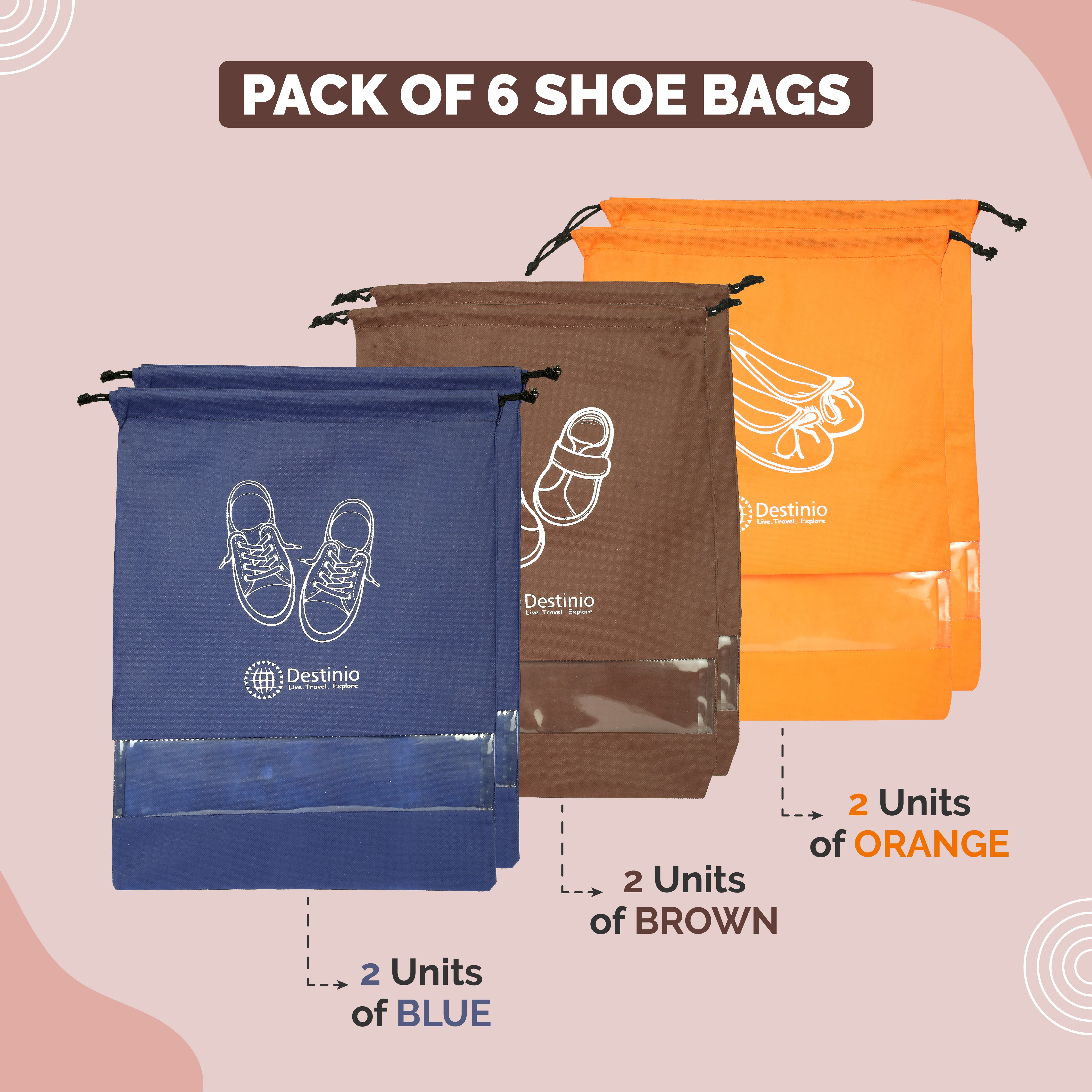 Destinio Shoe Bags Pouches Travel, 6 Pcs in 3 Colors and 3 Designs