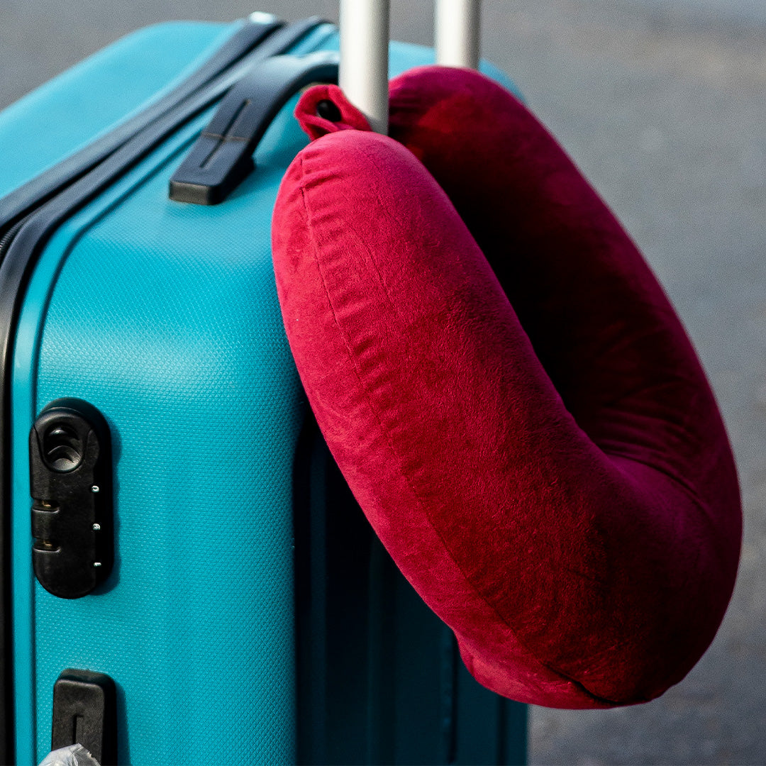 Destinio Neck Pillow - Solid Red | Premium Memory Foam, Ergonomic Design, Includes Eye Mask