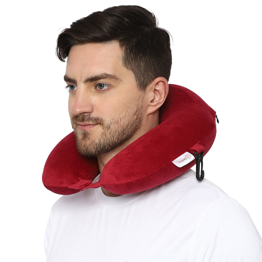 Destinio Neck Pillow - Solid Red | Premium Memory Foam, Ergonomic Design, Includes Eye Mask