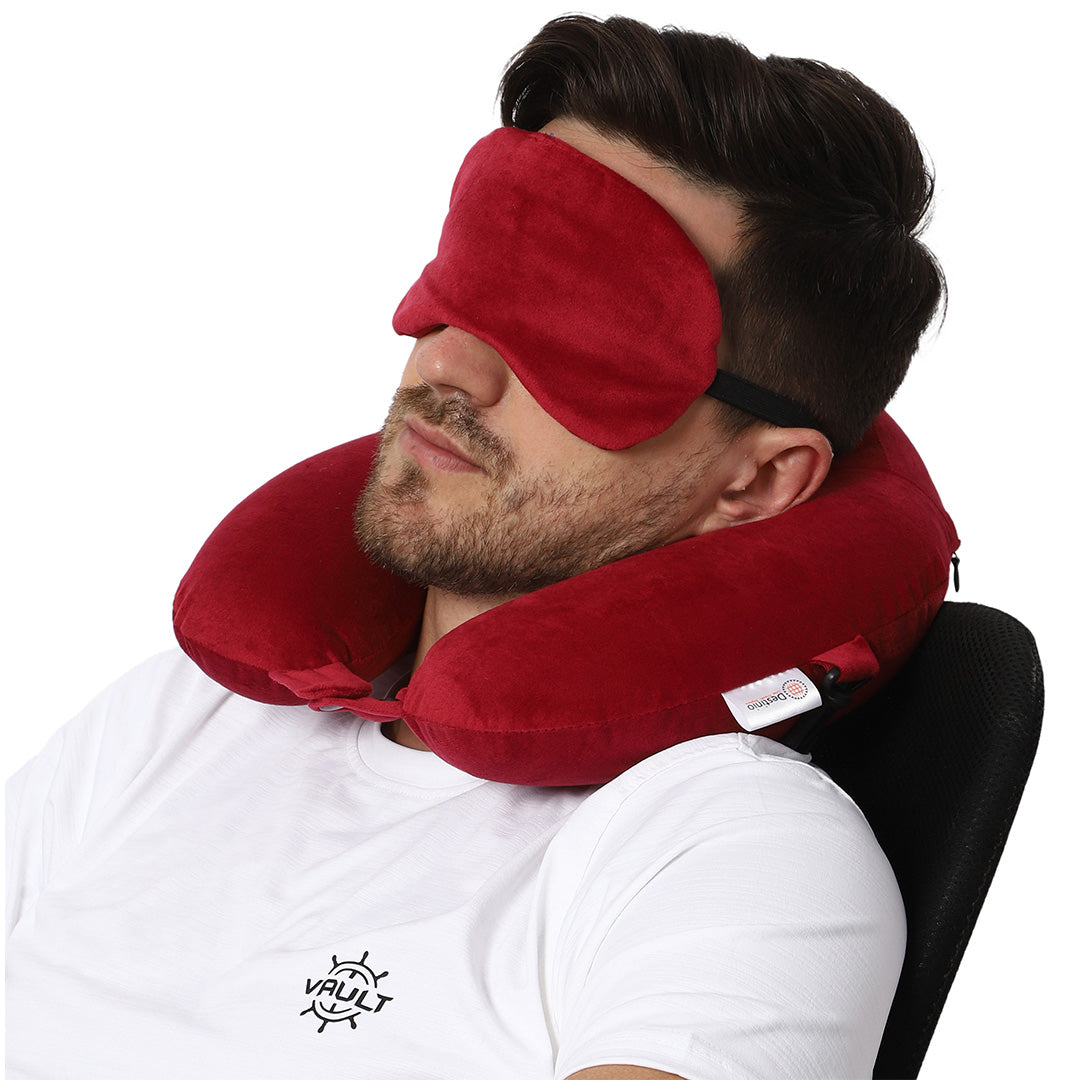 Destinio Neck Pillow - Solid Red | Premium Memory Foam, Ergonomic Design, Includes Eye Mask