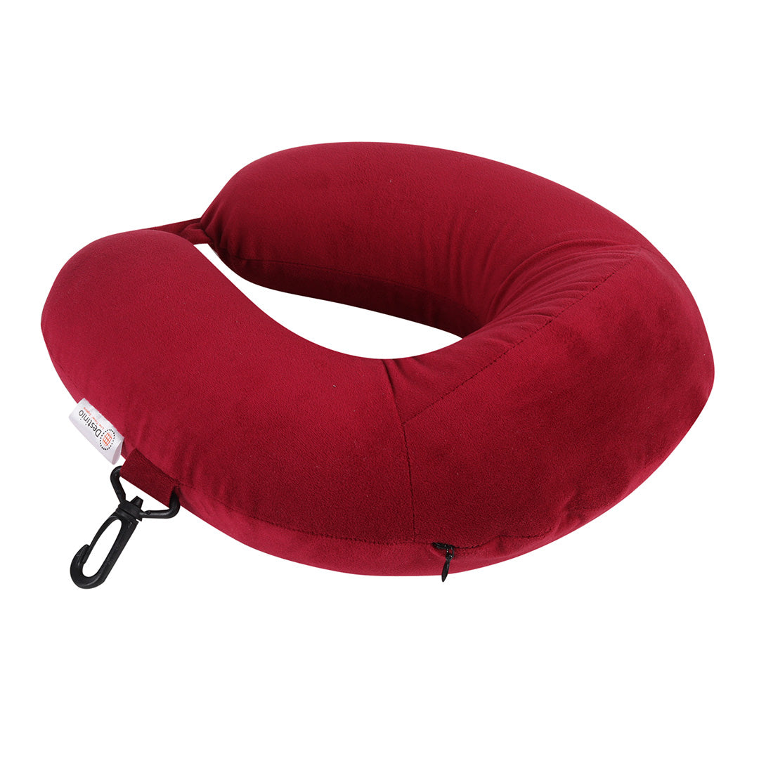 Destinio Neck Pillow - Solid Red | Premium Memory Foam, Ergonomic Design, Includes Eye Mask