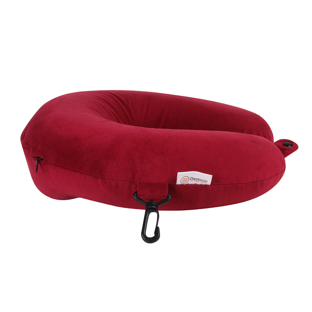 Destinio Neck Pillow - Solid Red | Premium Memory Foam, Ergonomic Design, Includes Eye Mask