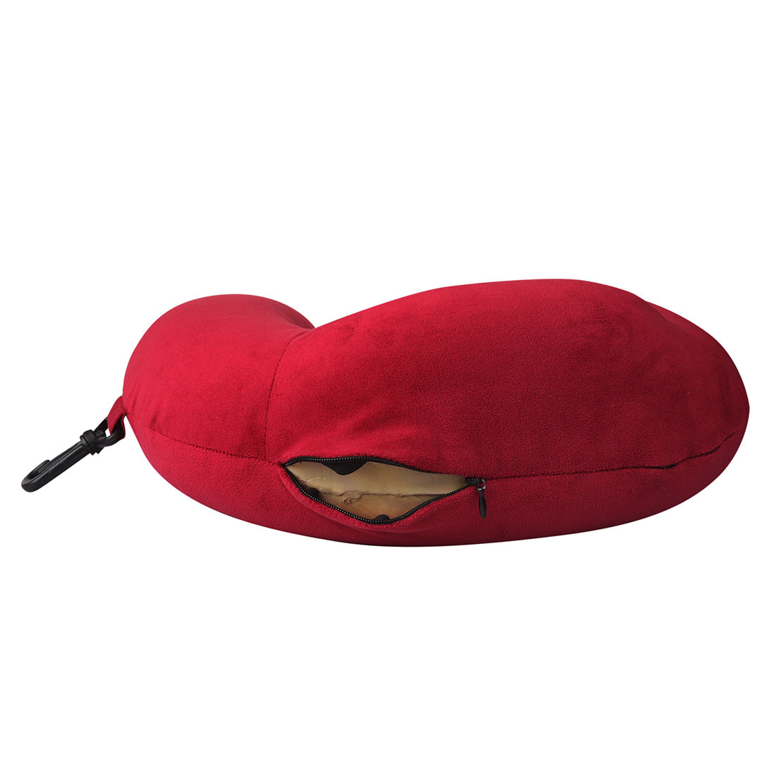 Destinio Neck Pillow - Solid Red | Premium Memory Foam, Ergonomic Design, Includes Eye Mask