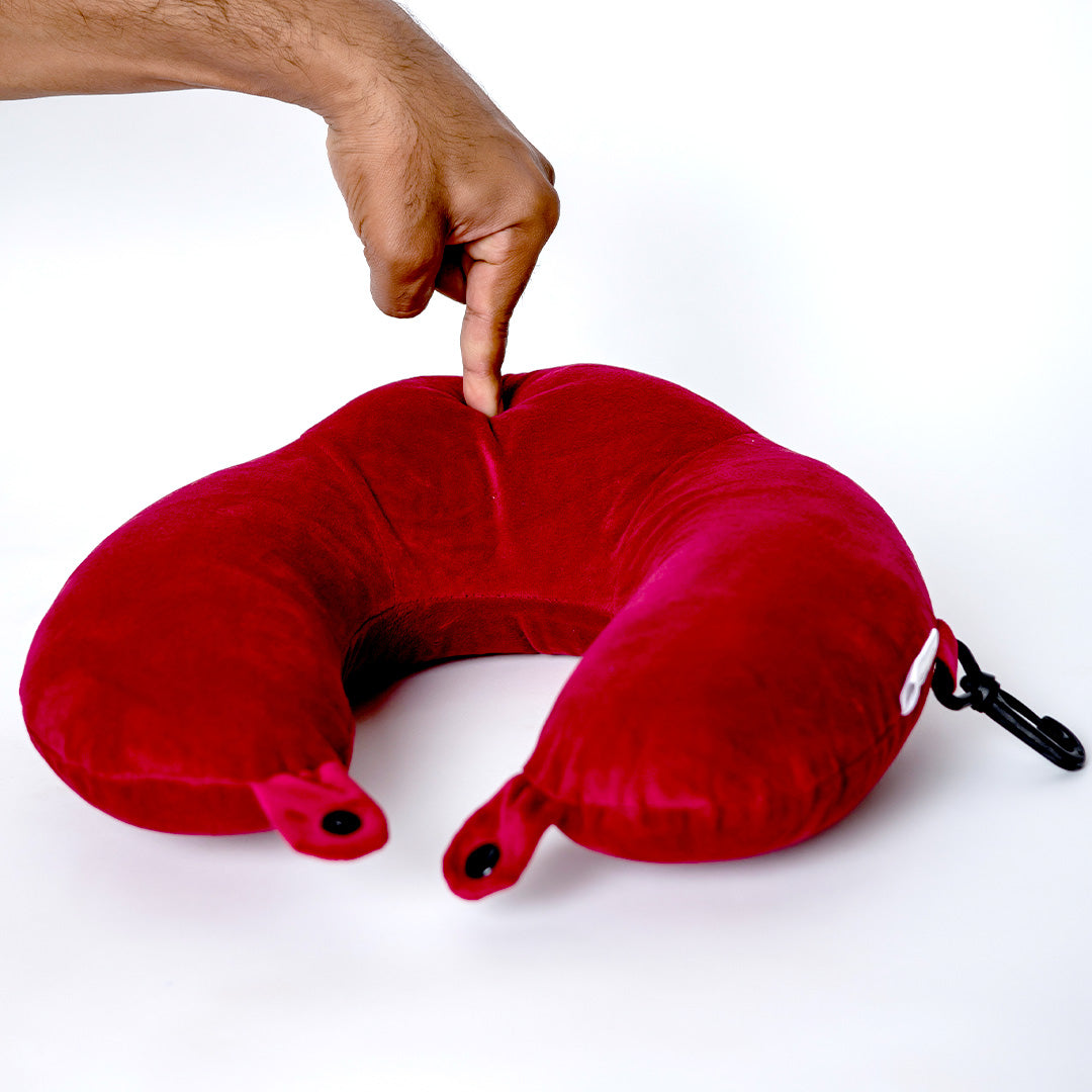 Destinio Neck Pillow - Solid Red | Premium Memory Foam, Ergonomic Design, Includes Eye Mask