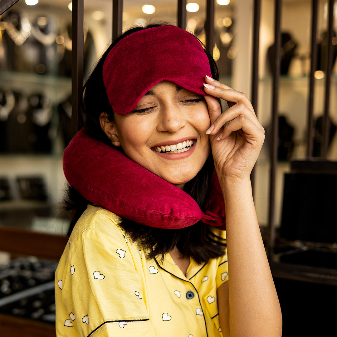 Destinio Neck Pillow - Solid Red | Premium Memory Foam, Ergonomic Design, Includes Eye Mask