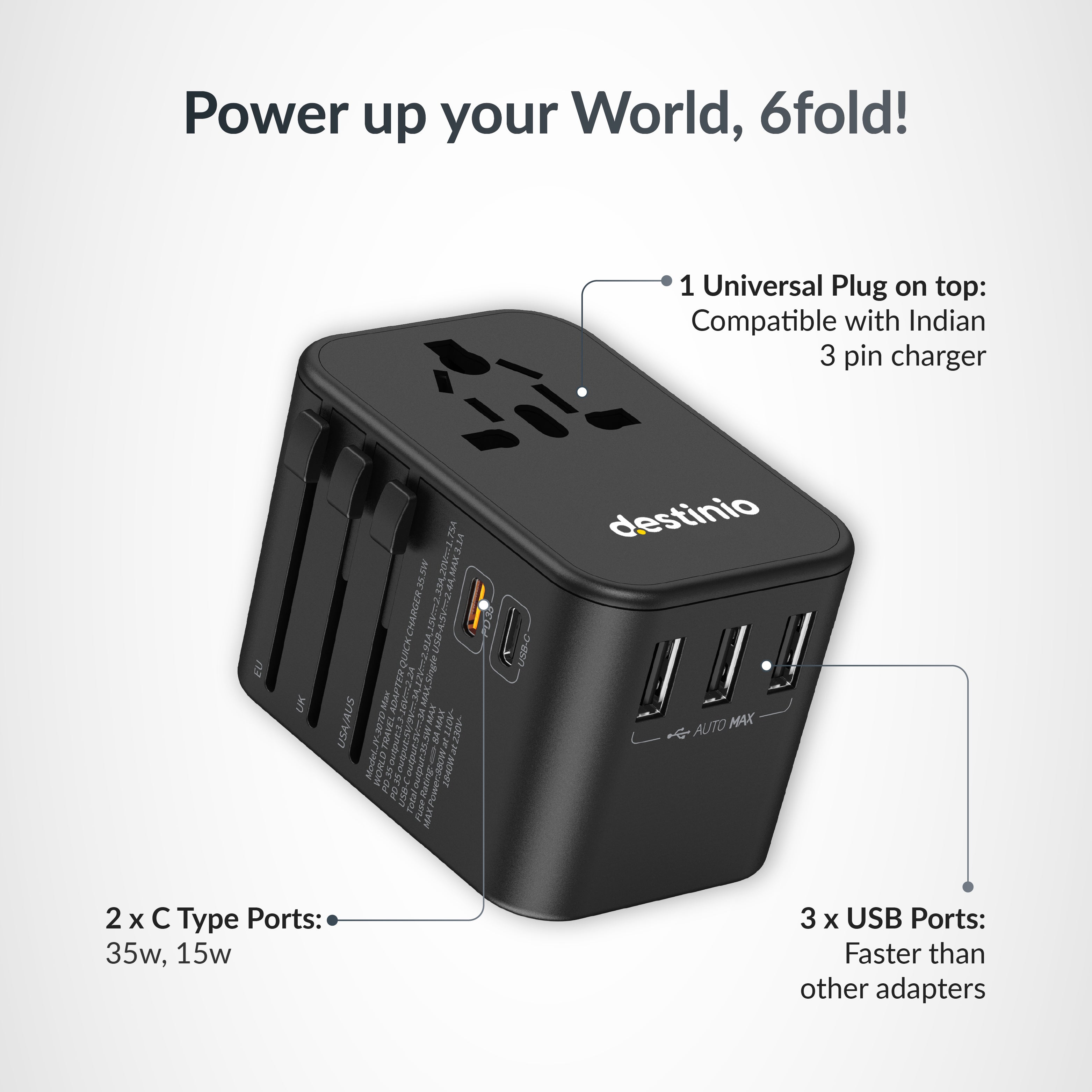 Destinio Universal Charger Adapter - 6-in-1 Fast Charging International Travel Adapter with PD, Type C & 3 USB Ports - All-in-One for US, UK, Europe - Type C Compatible (35 W - Yellow)