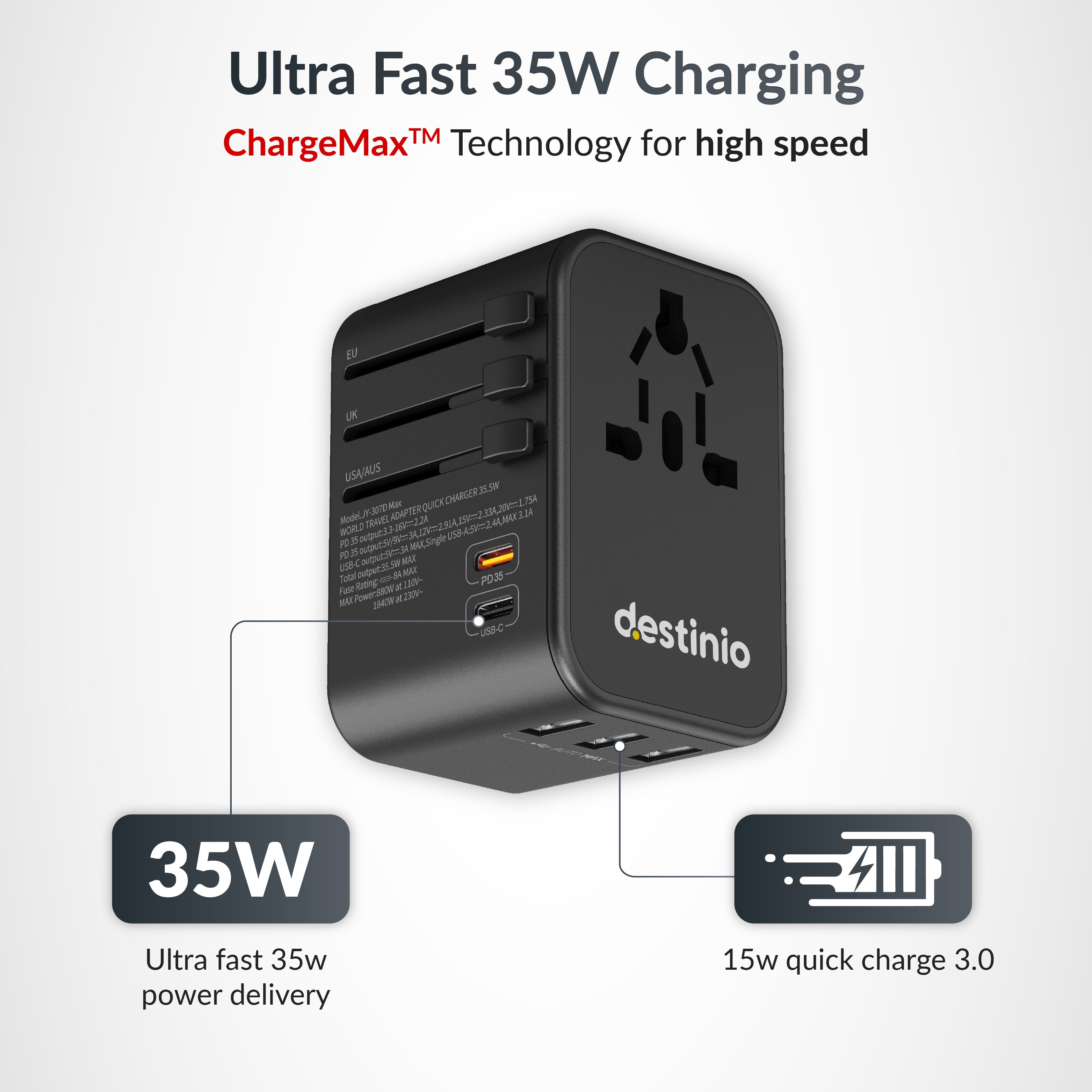 Destinio Universal Charger Adapter - 6-in-1 Fast Charging International Travel Adapter with PD, Type C & 3 USB Ports - All-in-One for US, UK, Europe - Type C Compatible (35 W - Yellow)