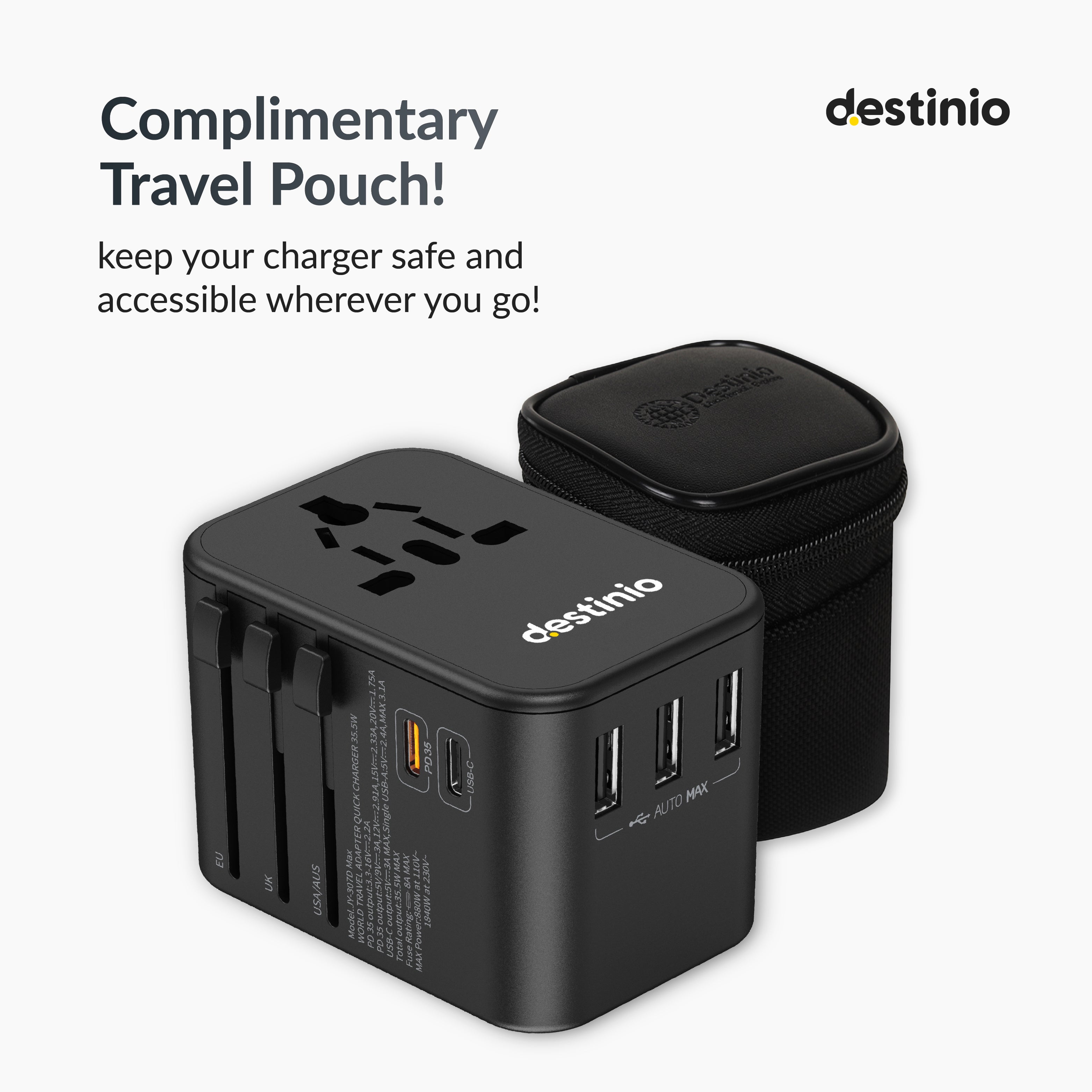 Destinio Universal Charger Adapter - 6-in-1 Fast Charging International Travel Adapter with PD, Type C & 3 USB Ports - All-in-One for US, UK, Europe - Type C Compatible (35 W - Yellow)