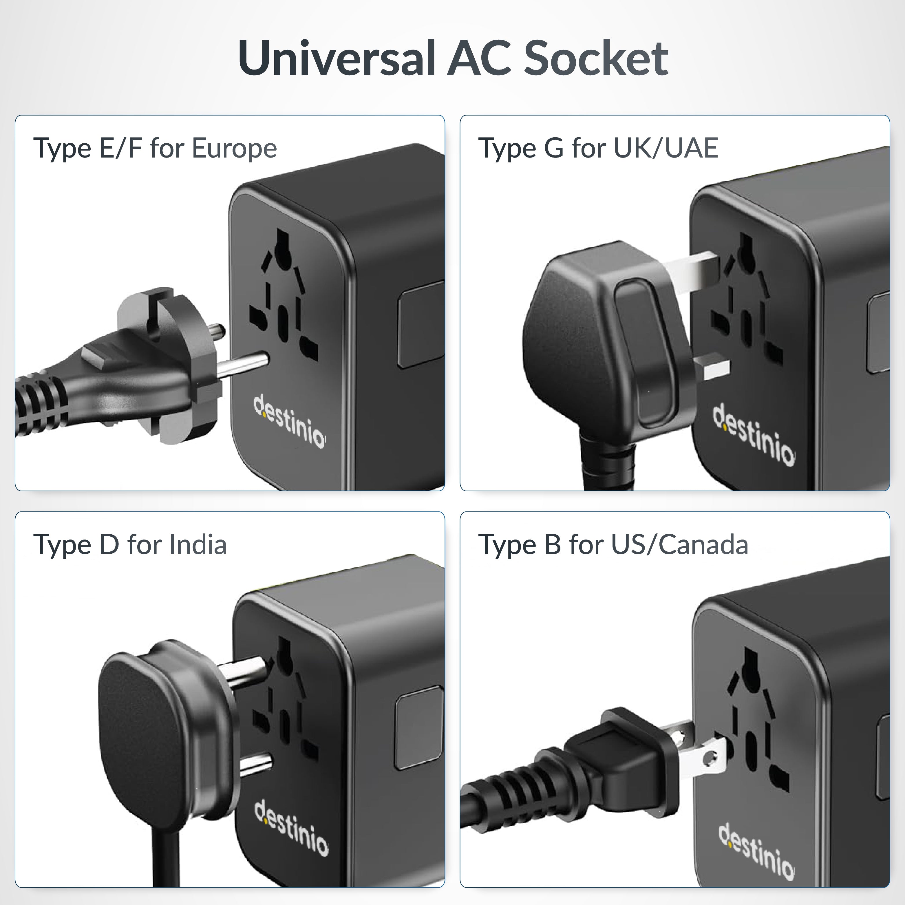 Destinio Universal Charger Adapter - 6-in-1 Fast Charging International Travel Adapter with PD, Type C & 3 USB Ports - All-in-One for US, UK, Europe - Type C Compatible (35 W - Yellow)