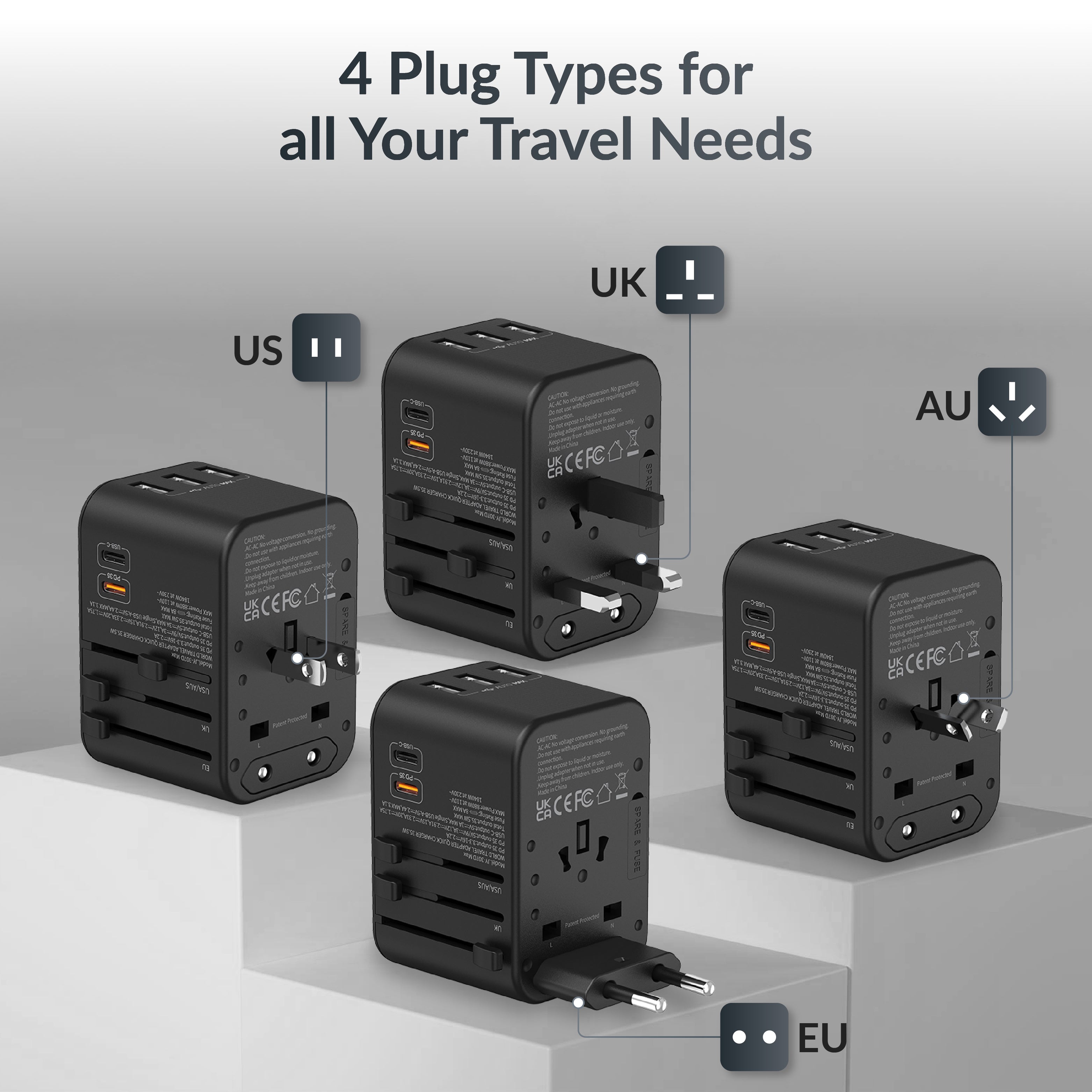 Destinio 5 USB Type C Adapter | Universal Travel Adapter, Smart Fast Charging, Safety Certified