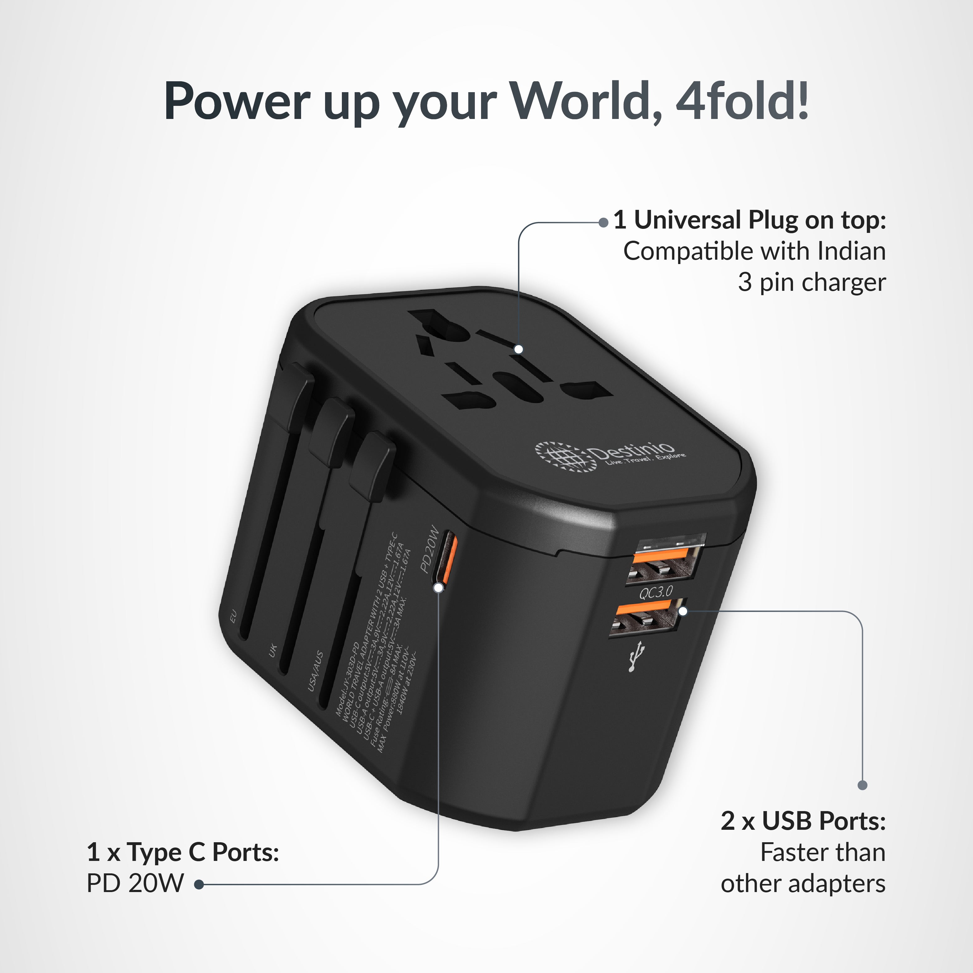 Destinio Universal Travel Adapter | 20W PD Fast Charger | Type C & Dual USB | Worldwide Plug US UK EU AUS | Indian 3 Pin Compatible & Portable (Black)