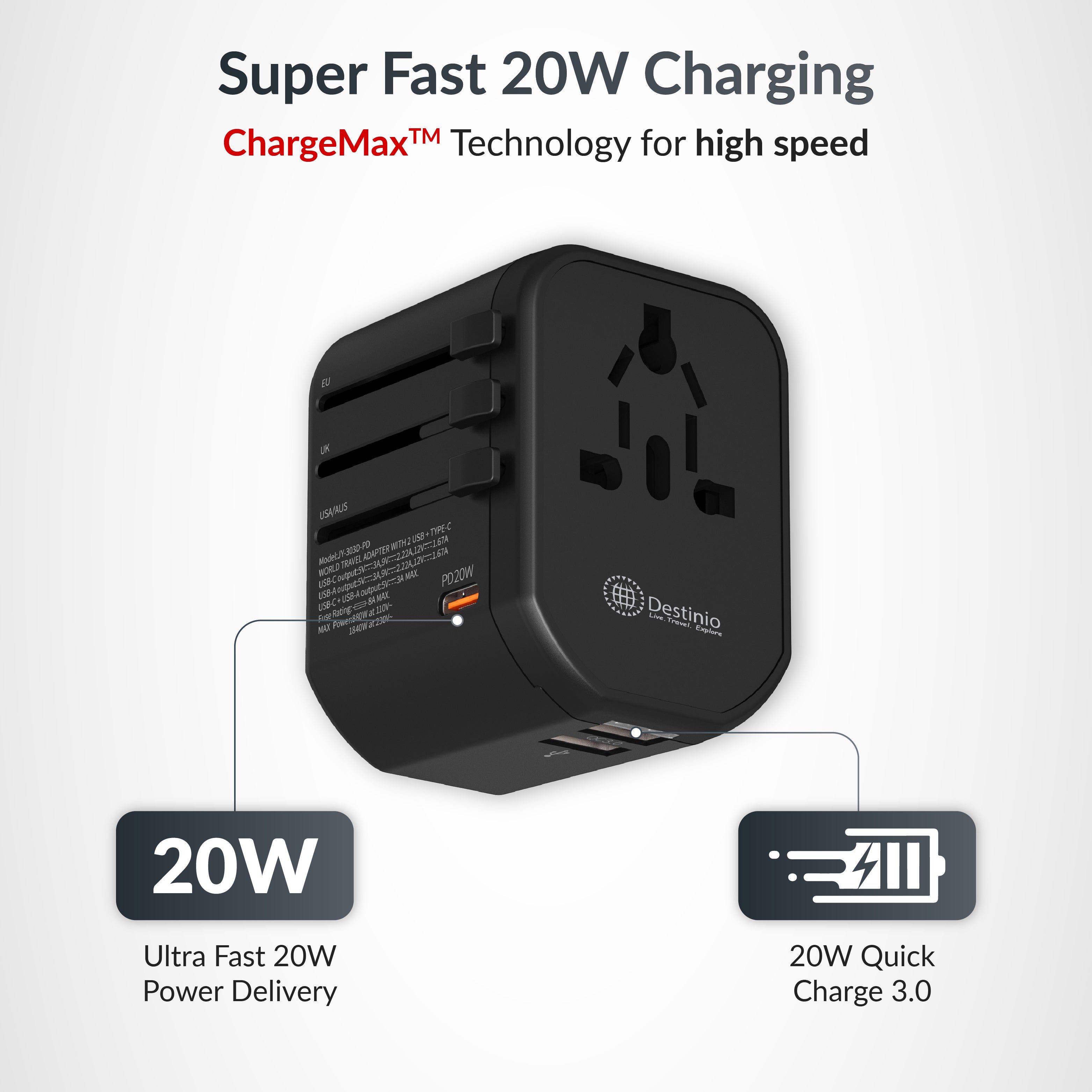 Destinio Universal Travel Adapter | 20W PD Fast Charger | Type C & Dual USB | Worldwide Plug US UK EU AUS | Indian 3 Pin Compatible & Portable (Black)