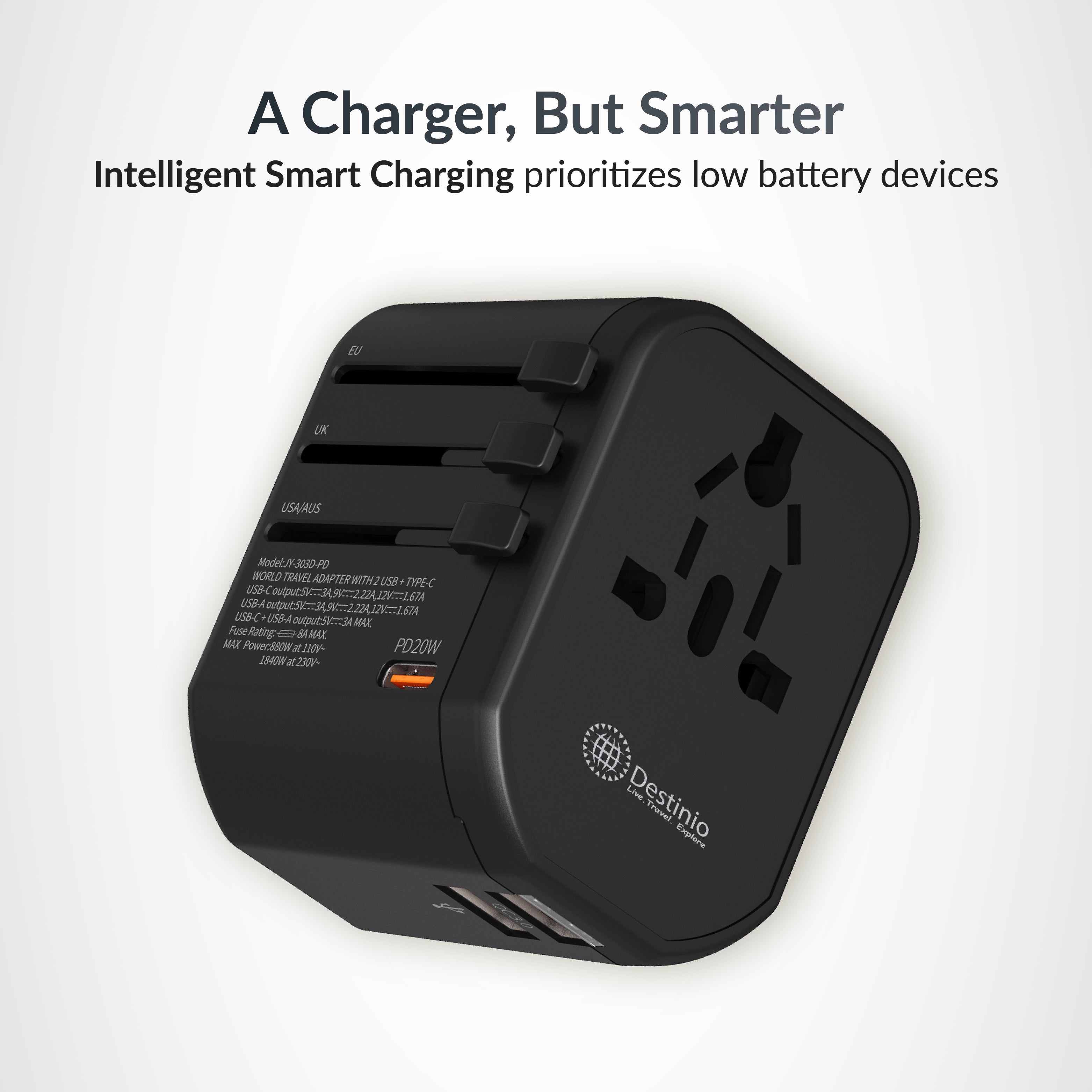 Destinio Universal Travel Adapter | 20W PD Fast Charger | Type C & Dual USB | Worldwide Plug US UK EU AUS | Indian 3 Pin Compatible & Portable (Black)
