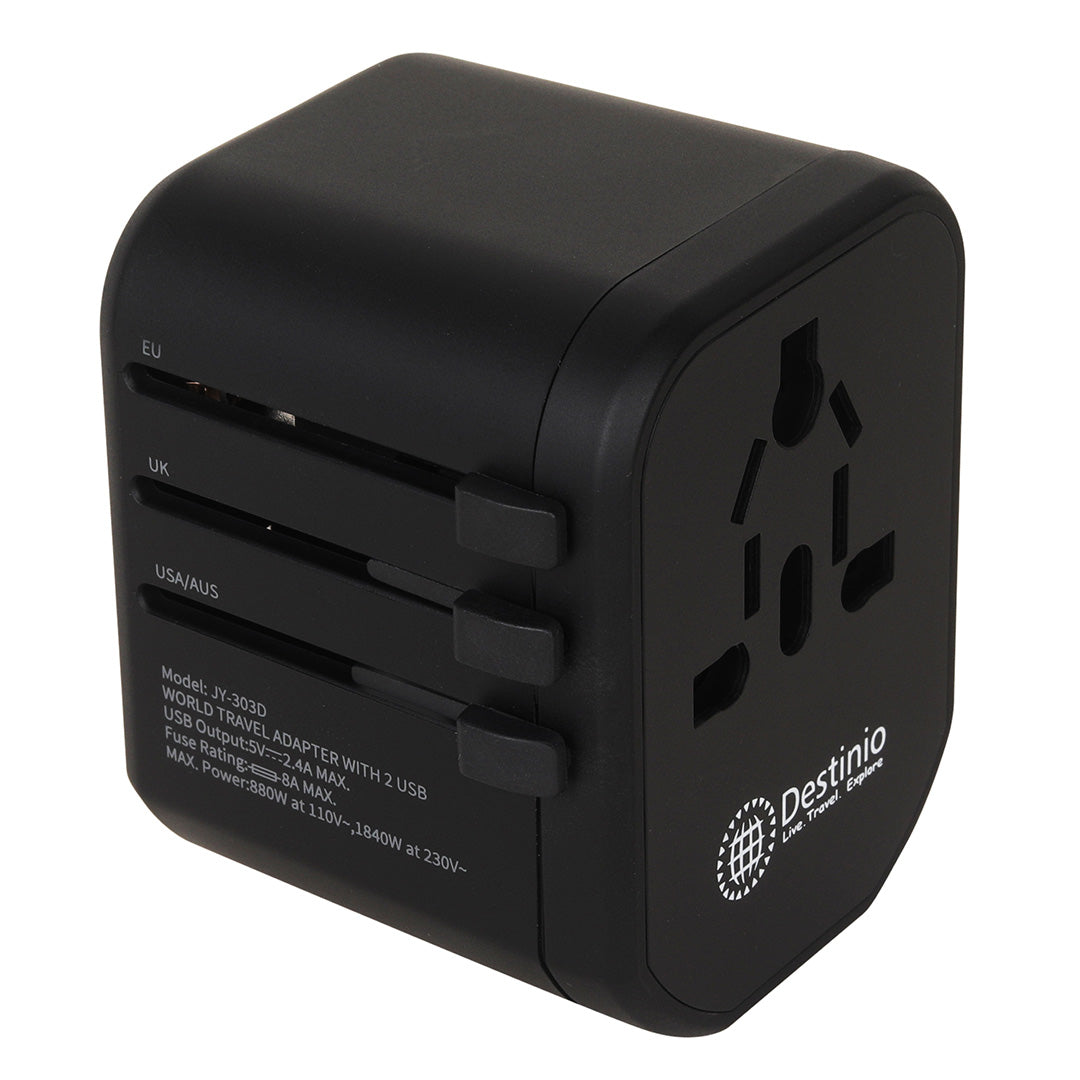 Destinio International Plug Adapter | Dual USB Ports, Smart Fast Charging, 10-Year Warranty