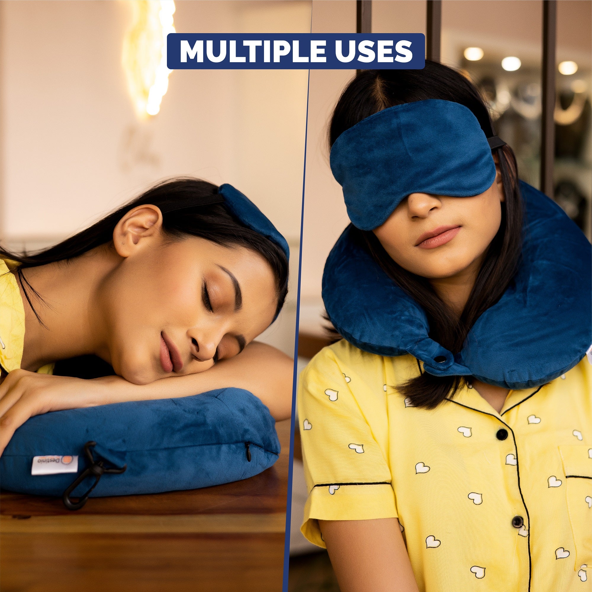 Buy Destinio Neck Pillow and Eye Mask Set (Solid Blue) - Multi Use