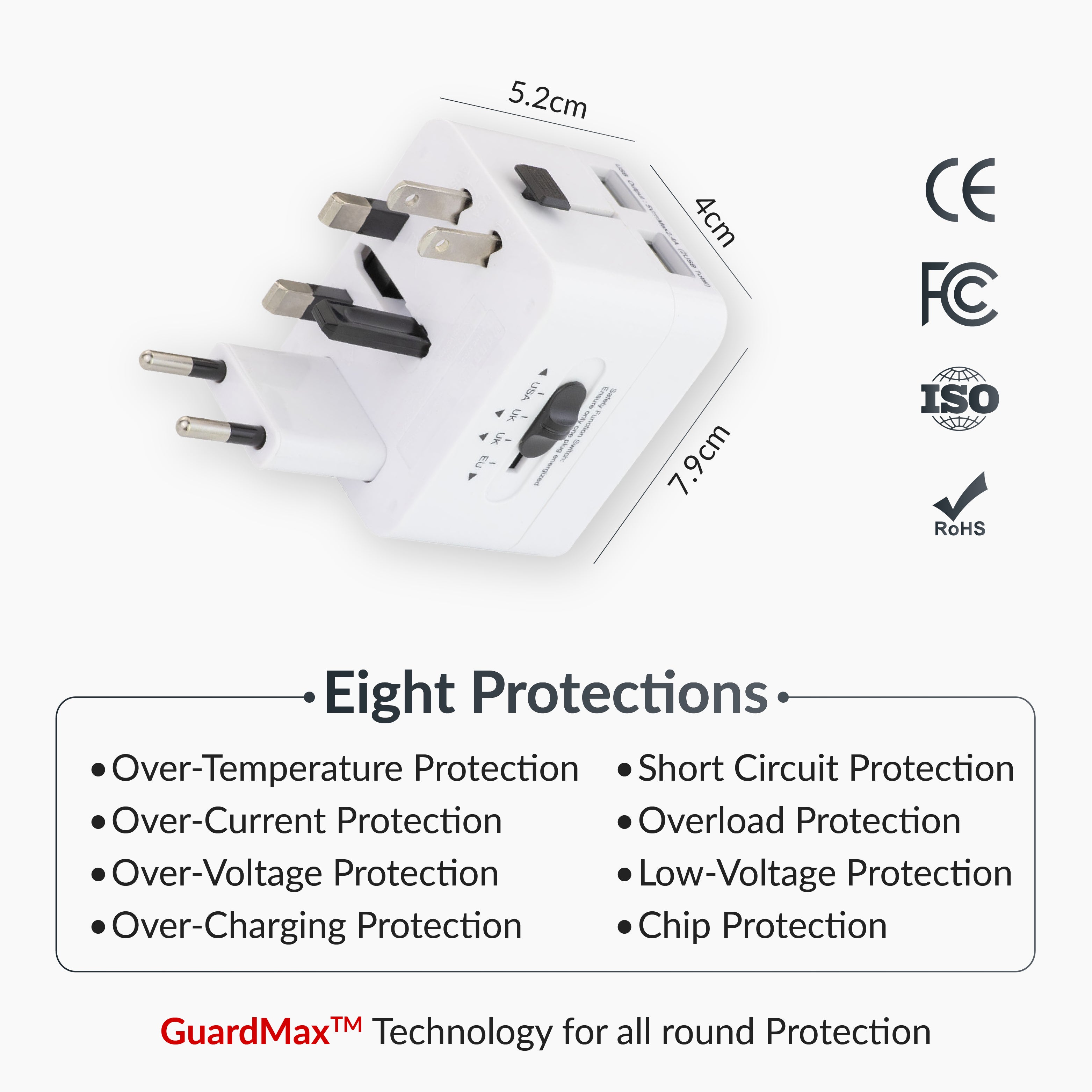 Destinio Universal Travel Adapter - Dual USB 5V 2.4A, 100-250V - 3 in 1 International Worldwide All in One Charger Plug and Socket for USA, Canada, UK, Europe