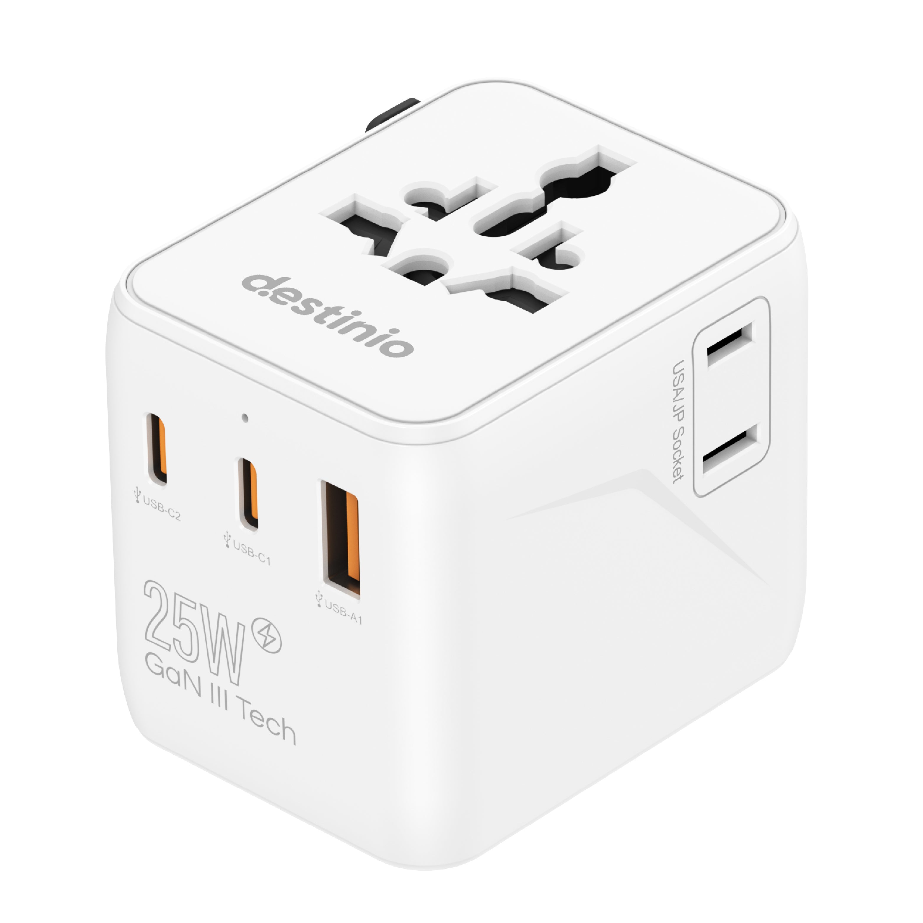 estinio Universal Travel Adapter - 6-in-1 Fast Charging International Charger with PD, Type C & 3 USB Ports - All-in-One for US, UK, Europe (25w - Type C)
