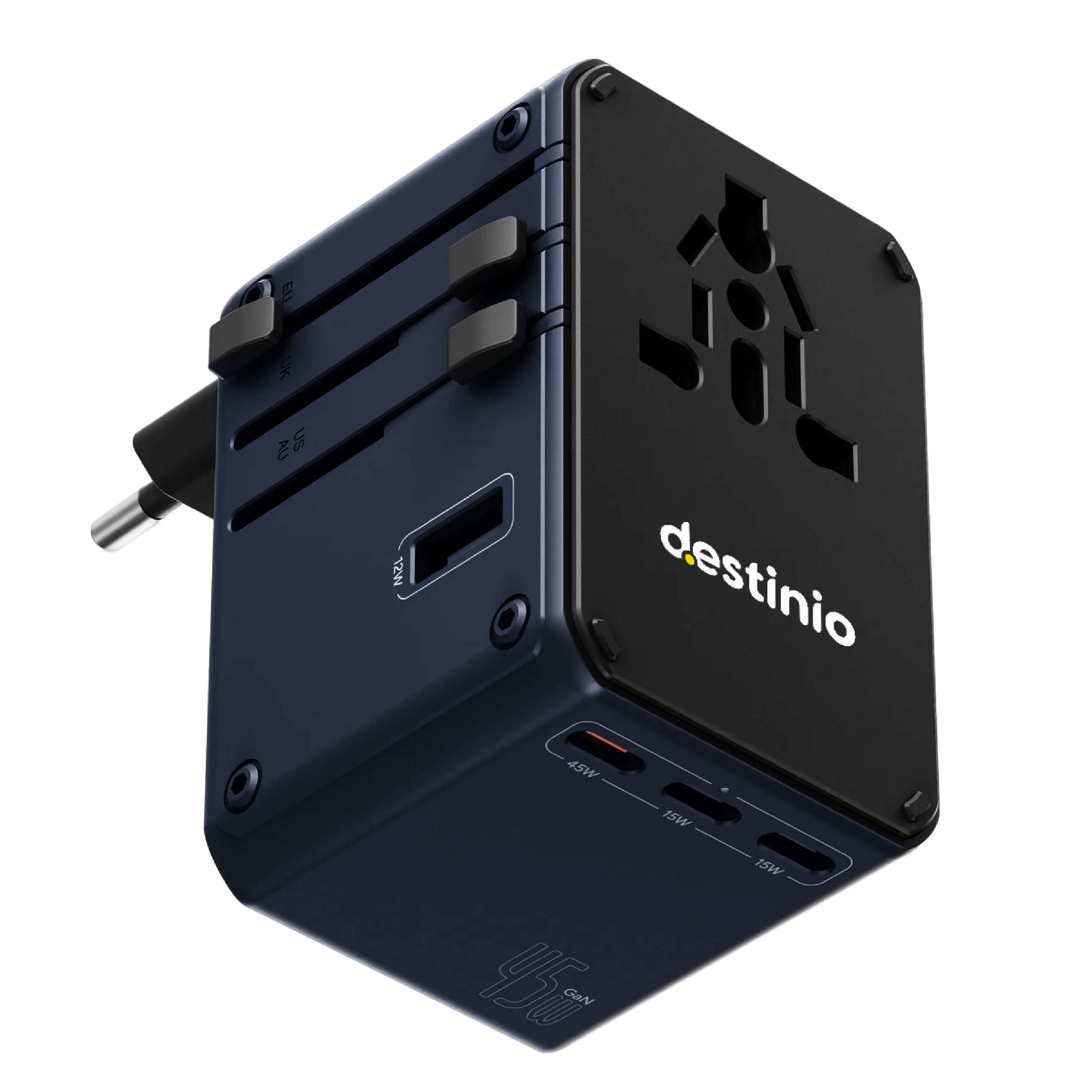 Destinio Universal Travel Adapter - 6-in-1 Fast Charging International Charger with PD, Type C & 3 USB Ports - All-in-One for US, UK, Europe (45W- Type C- (6 in 1) - Blue)