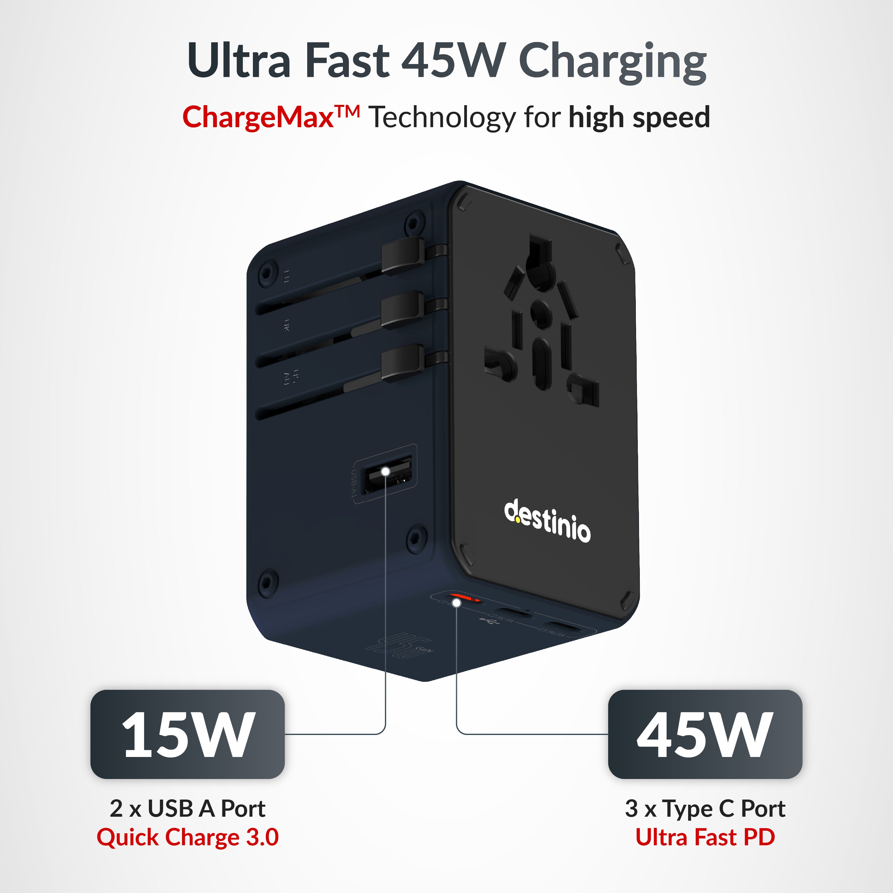 Destinio Universal Travel Adapter - 6-in-1 Fast Charging International Charger with PD, Type C & 3 USB Ports - All-in-One for US, UK, Europe (45W- Type C- (6 in 1) - Blue)