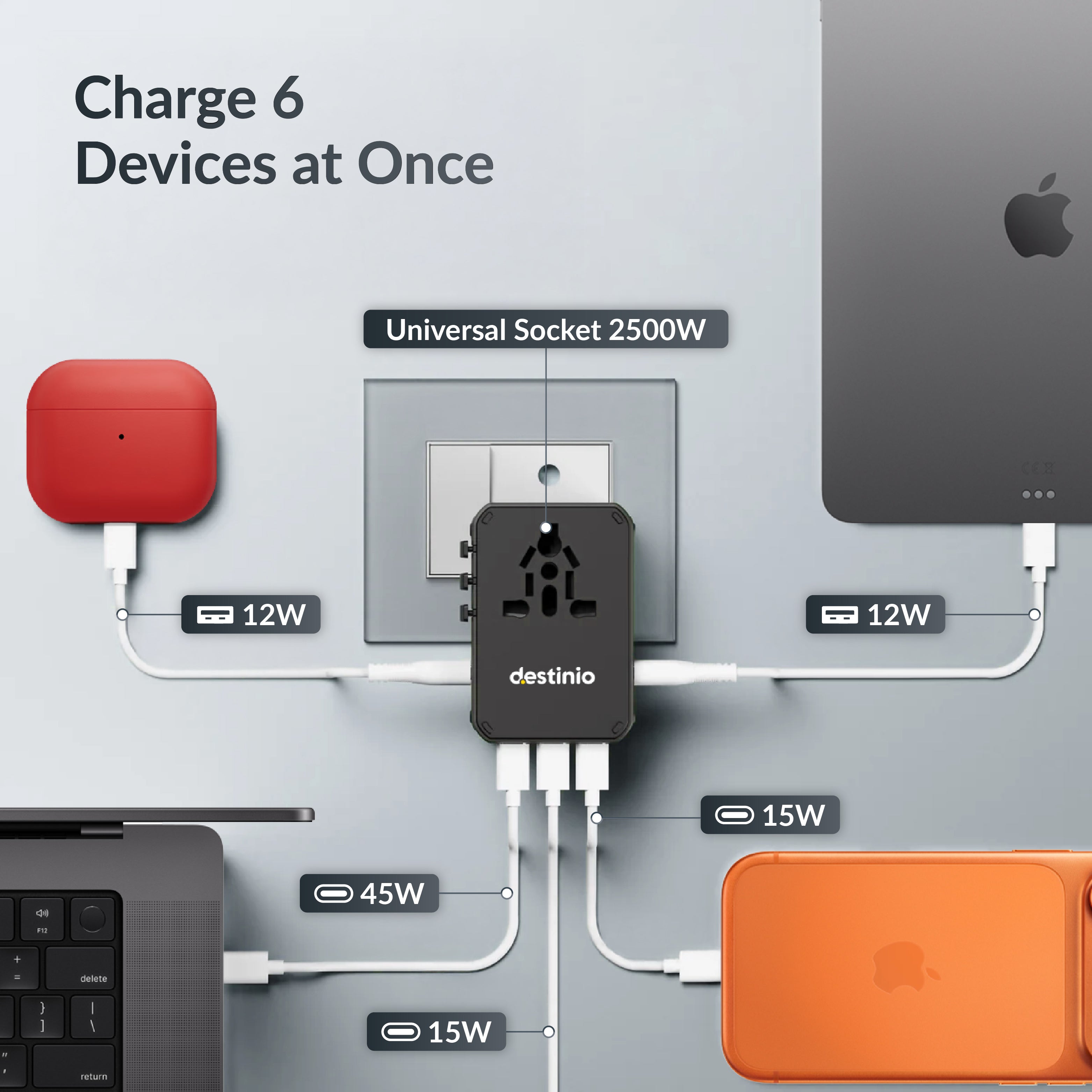 Destinio Universal Travel Adapter - 6-in-1 Fast Charging International Charger with PD, Type C & 3 USB Ports - All-in-One for US, UK, Europe (45W- Type C- (6 in 1) - Blue)