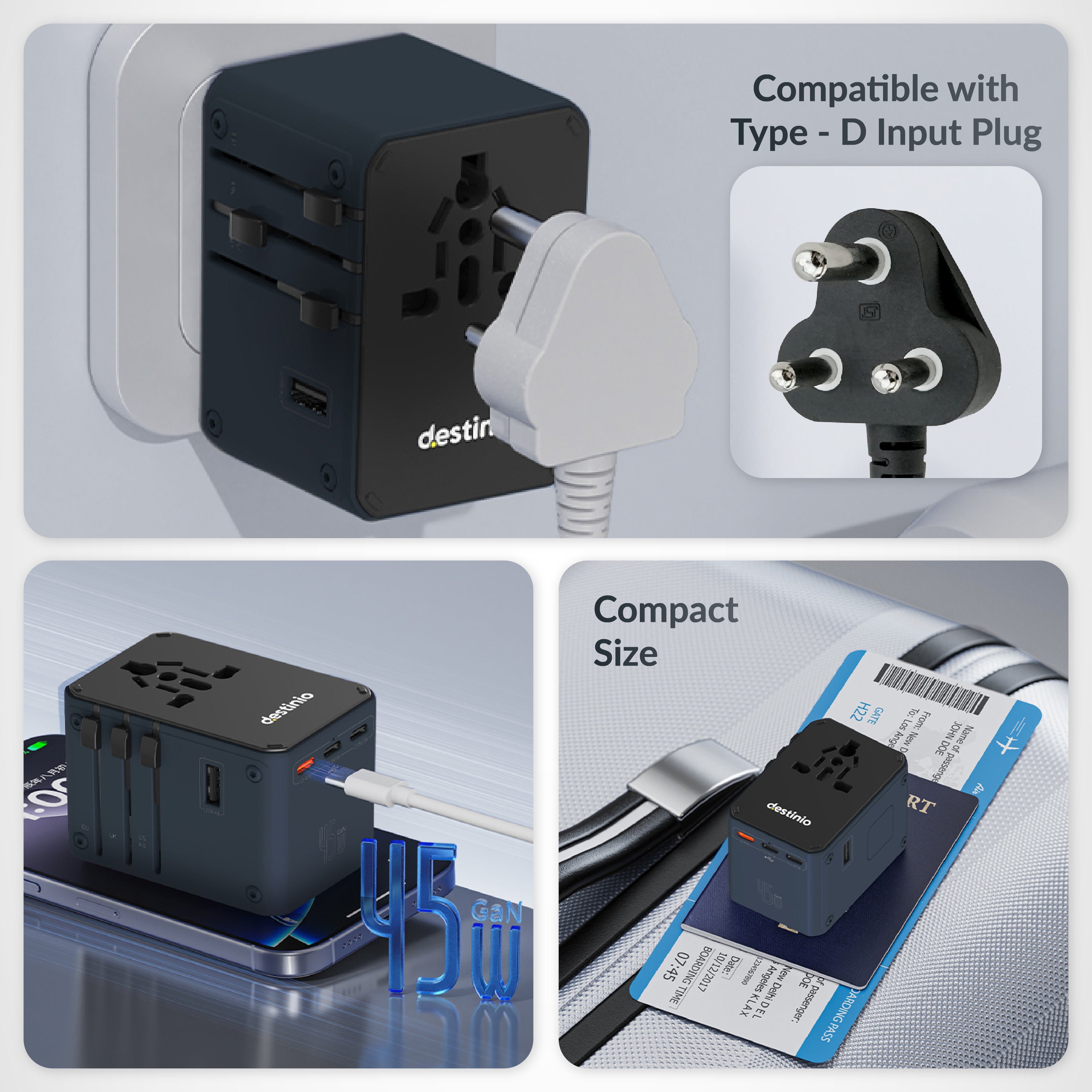 Destinio Universal Travel Adapter - 6-in-1 Fast Charging International Charger with PD, Type C & 3 USB Ports - All-in-One for US, UK, Europe (45W- Type C- (6 in 1) - Blue)