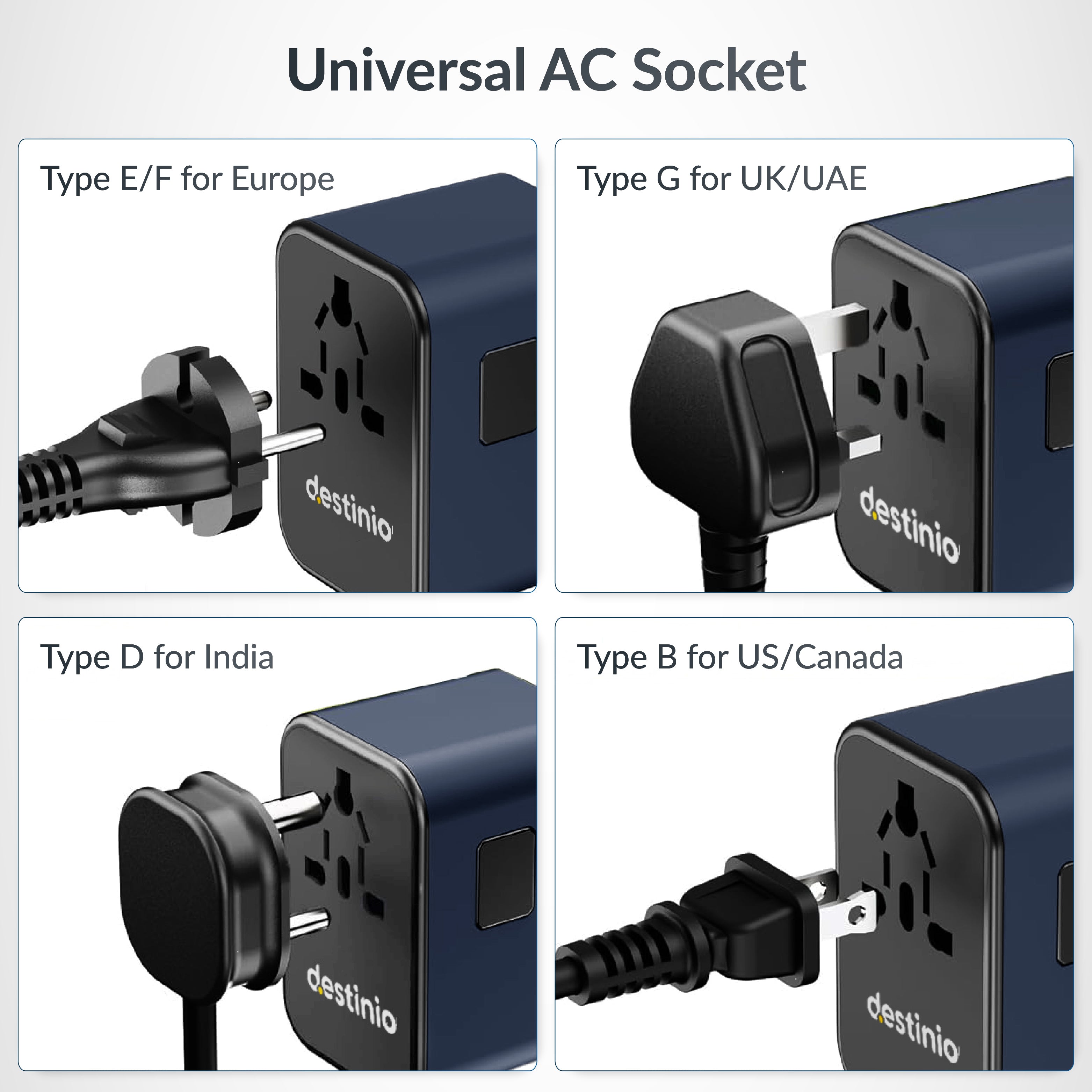 Destinio Universal Travel Adapter - 6-in-1 Fast Charging International Charger with PD, Type C & 3 USB Ports - All-in-One for US, UK, Europe (45W- Type C- (6 in 1) - Blue)