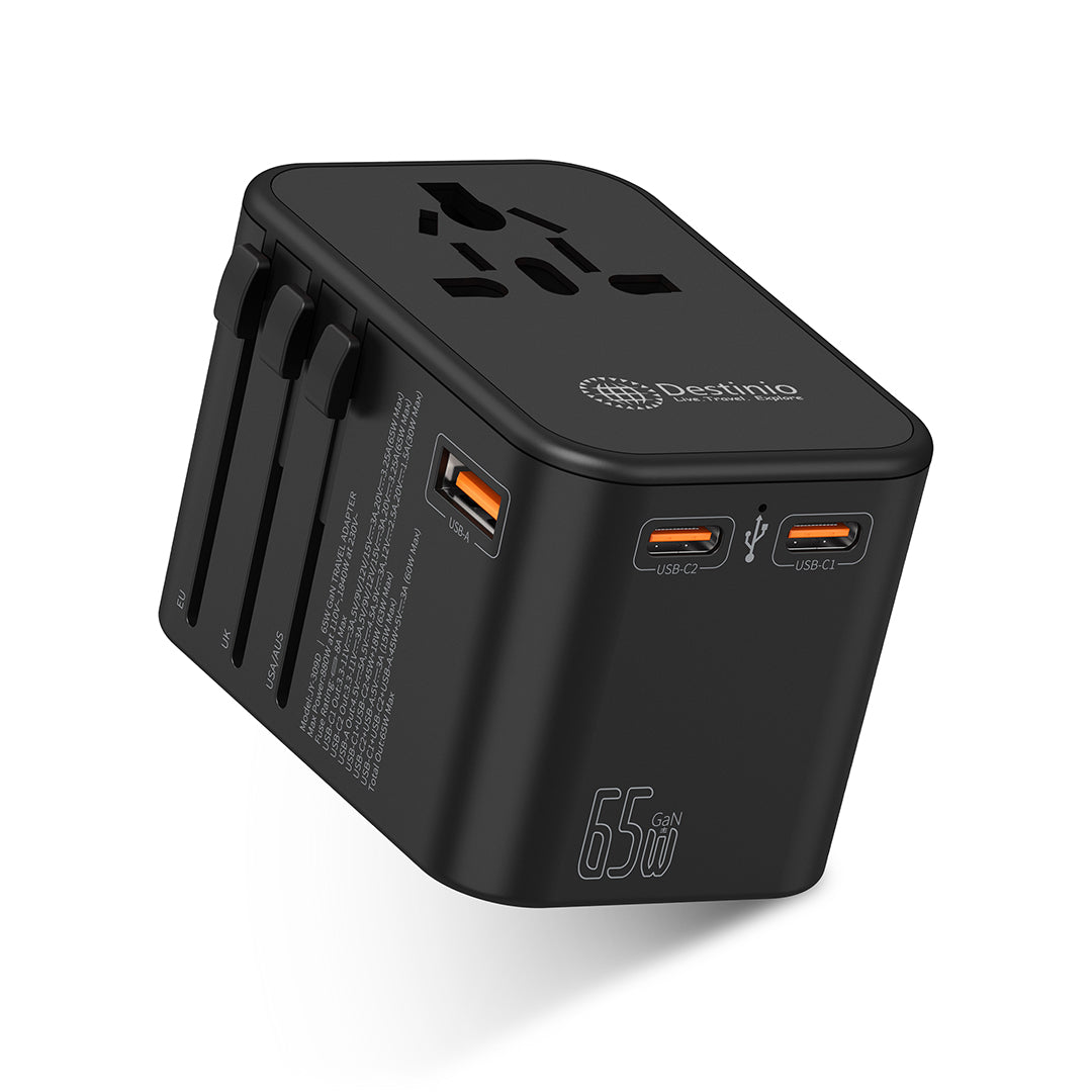 Destinio 65W Type C Adapter | Universal Travel Adapter, 3 USB Ports, Smart Fast Charging, Safety Certified