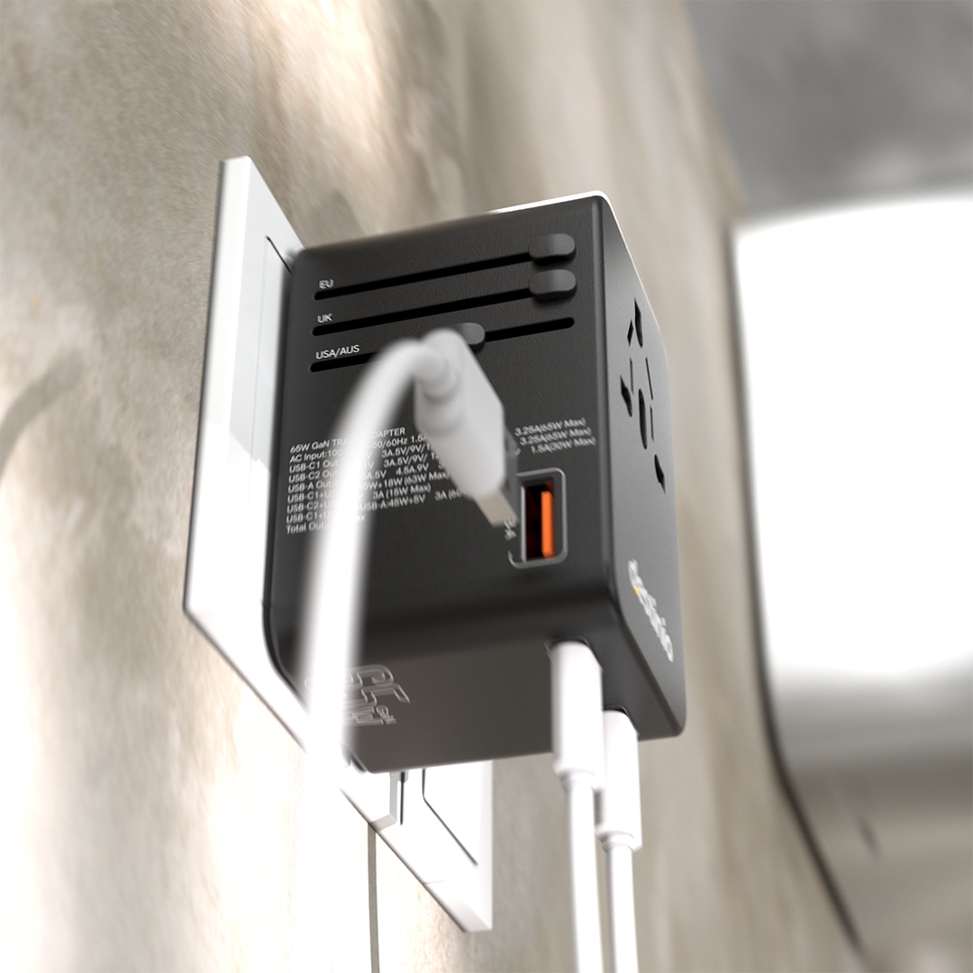 Destinio 65W Type C Adapter | Universal Travel Adapter, 3 USB Ports, Smart Fast Charging, Safety Certified
