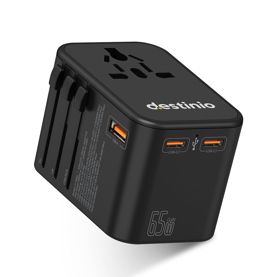 Destinio 65W Type C Adapter | Universal Travel Adapter, 3 USB Ports, Smart Fast Charging, Safety Certified