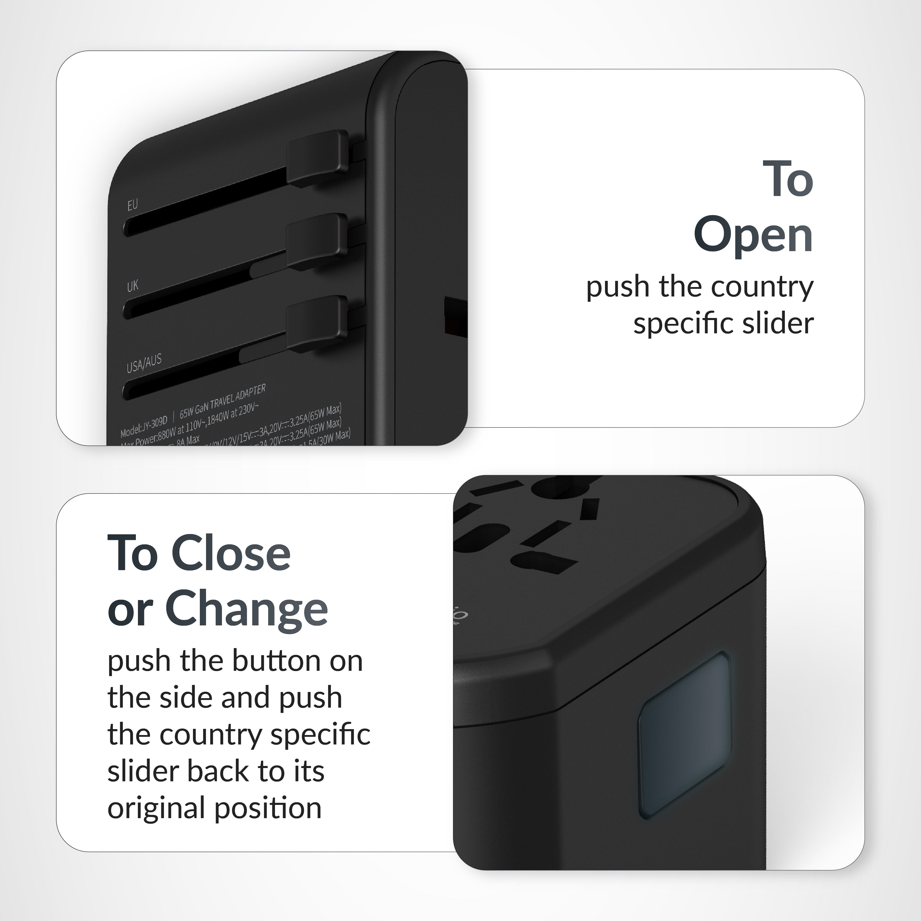 Destinio 65W Type C Adapter | Universal Travel Adapter, 3 USB Ports, Smart Fast Charging, Safety Certified