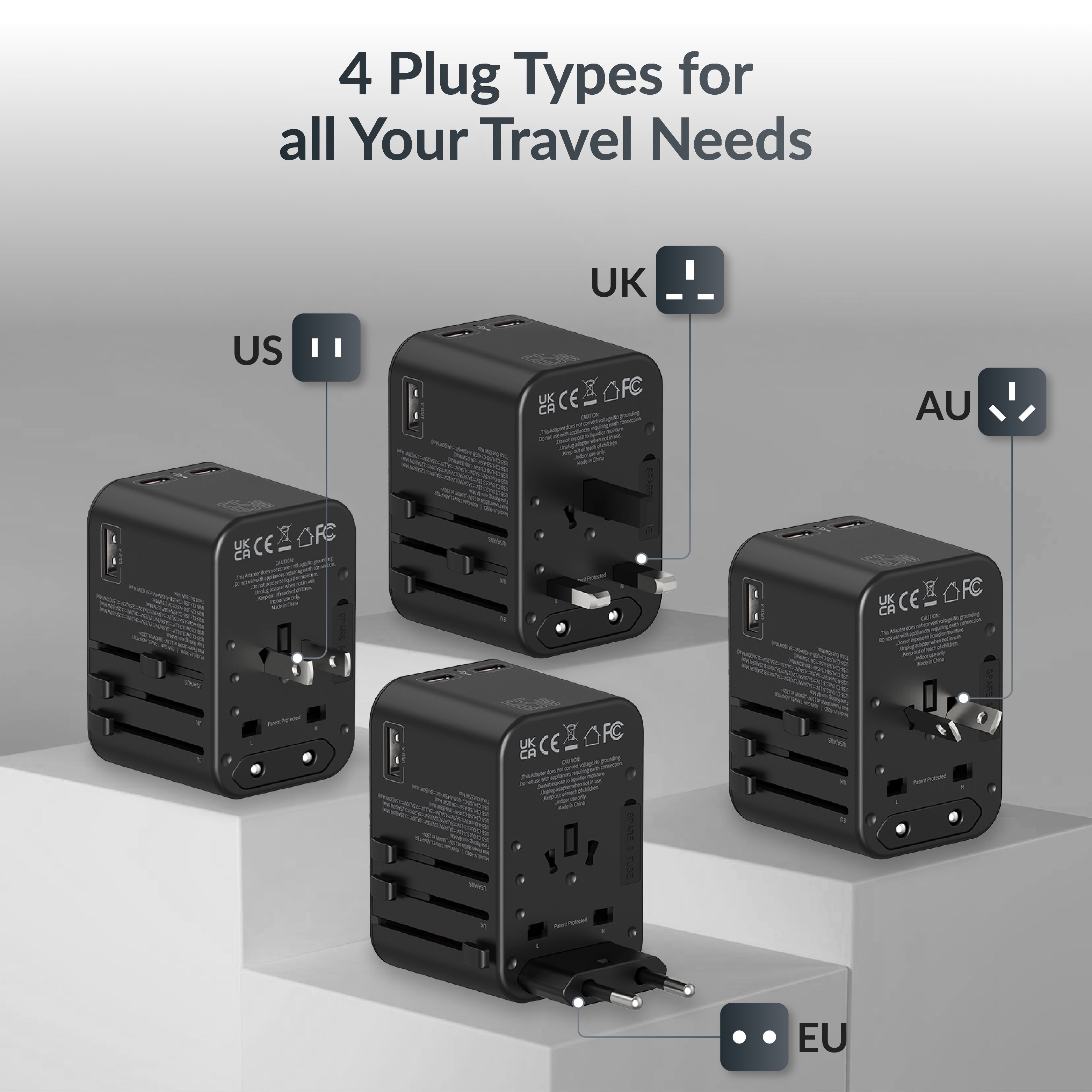 Destinio 65W Type C Adapter | Universal Travel Adapter, 3 USB Ports, Smart Fast Charging, Safety Certified