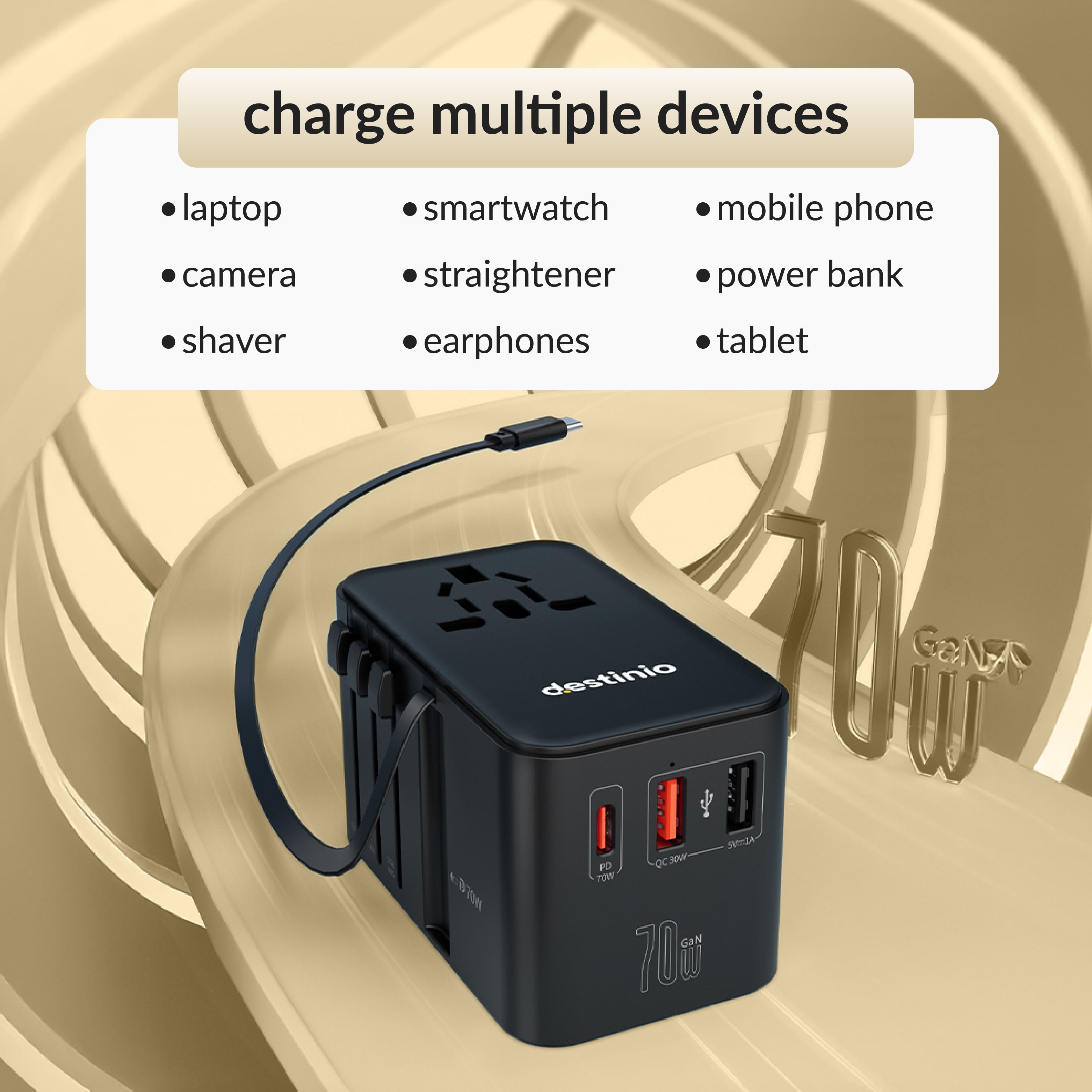 70W Type C Gan International Travel Adapter