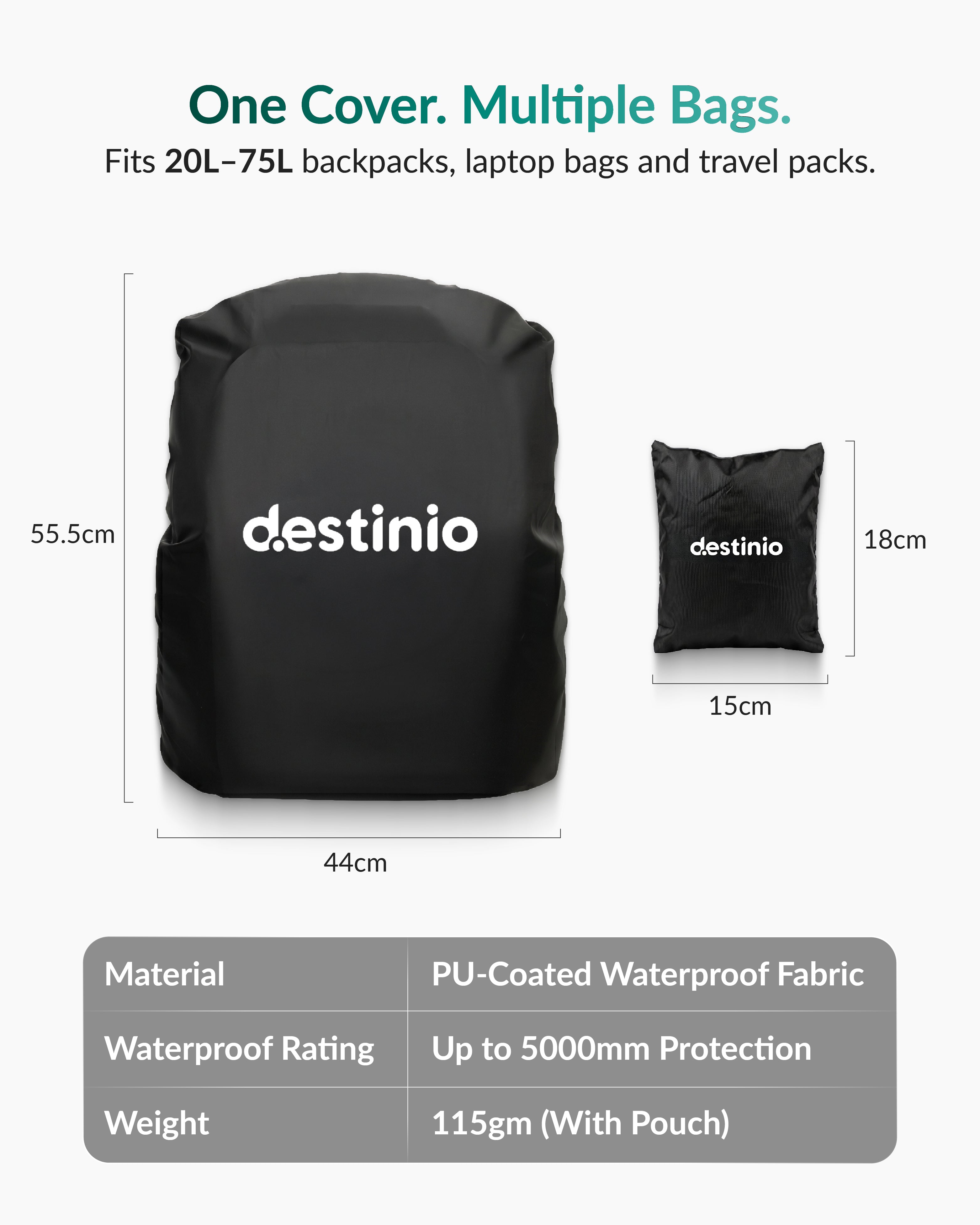 Destinio Waterproof Backpack Rain Cover – Travel Essential for Bags, PU Coated Heavy Duty Protection, Dustproof & Windproof, Universal Fit for All Backpack Durable Bag Cover (Black - 20L to 75L)