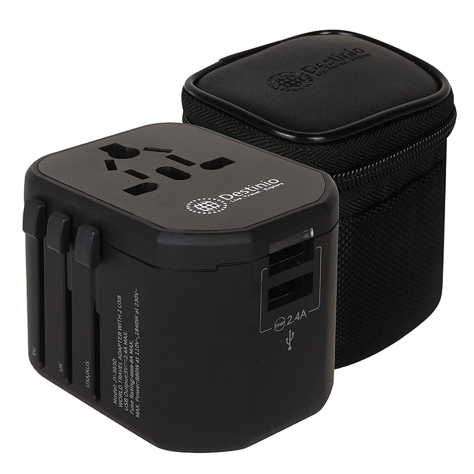 Destinio 2.4 A Universal Travel Adapter with 2 USB Ports, Black