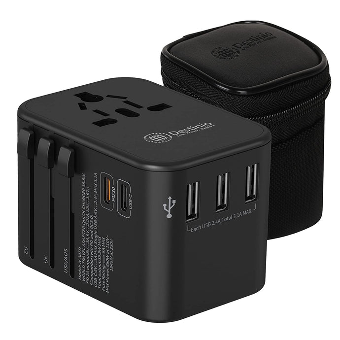 Destinio Type C Universal Travel Adapter with PD and 3 USB Ports, Black