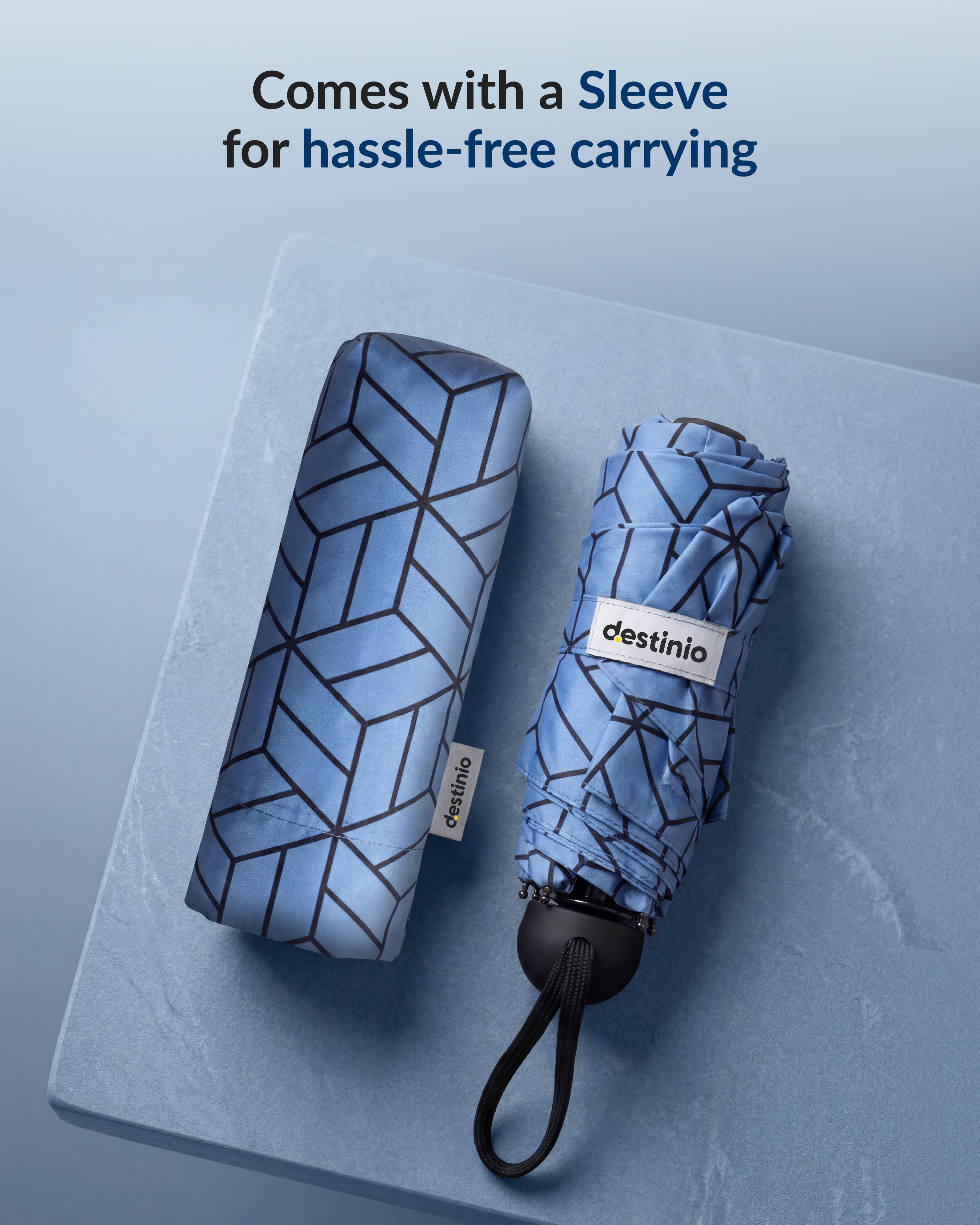 Destinio Capsule Umbrella, 5 Fold Manual Open 19 Inch Small Umbrella for Women and Men with UV Coating for Sun Protection, Foldable Mini Umbrellas for Rain and Sun (Navy Blue Printed)
