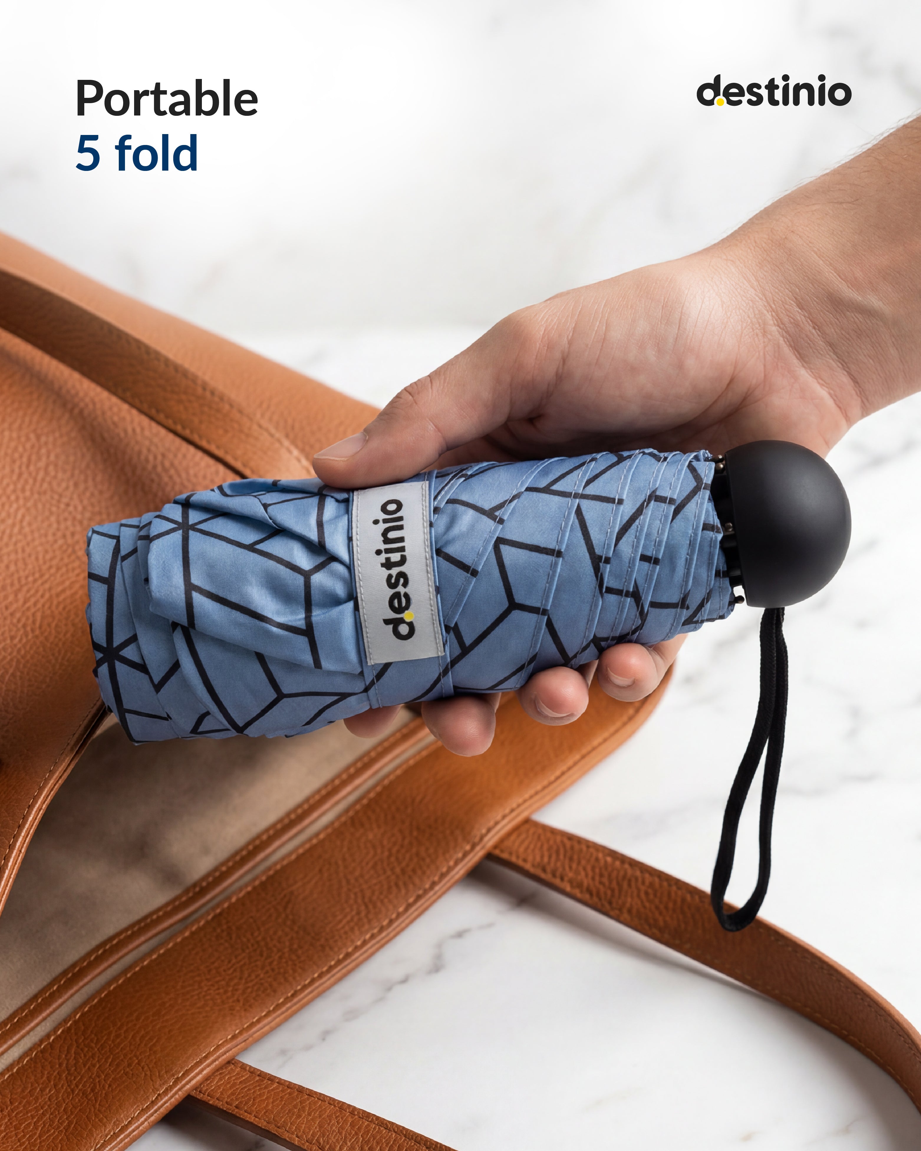 Destinio Capsule Umbrella, 5 Fold Manual Open 19 Inch Small Umbrella for Women and Men with UV Coating for Sun Protection, Foldable Mini Umbrellas for Rain and Sun (Navy Blue Printed)
